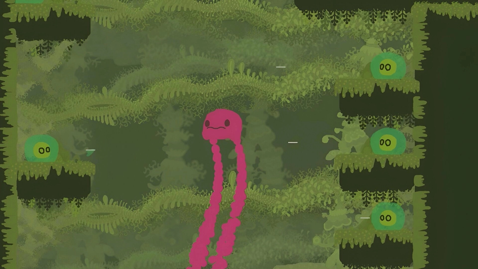 Weefager: Pink creature navigates lush green cavern with floating green slimes in a platforming challenge