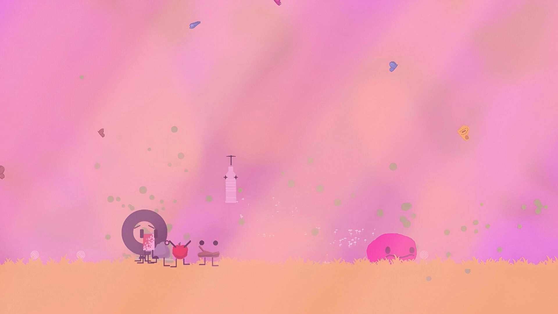 Weefager: Pink creature and allies in a vibrant, mystical landscape with floating objects and soft hues