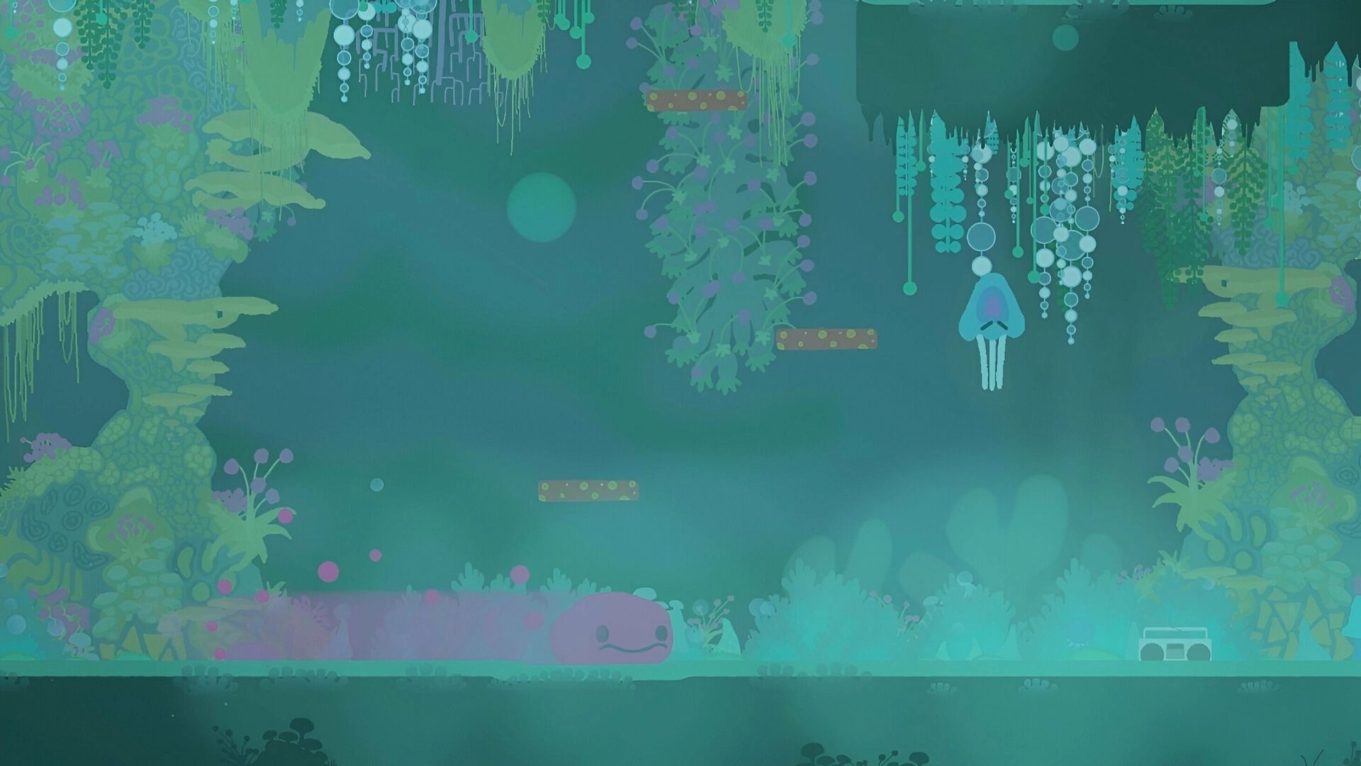 Weefager: Pink creature explores lush, mystical forest with floating platforms and hanging plants