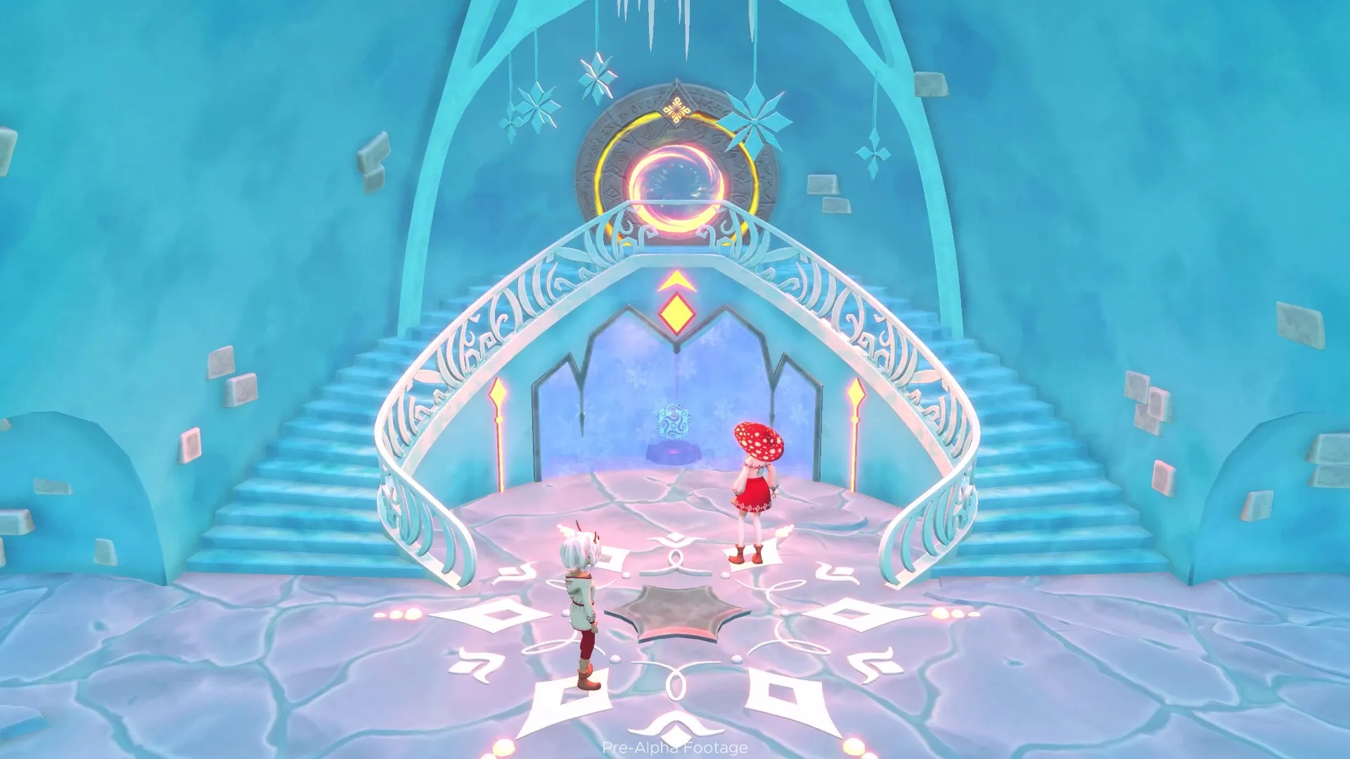 Weeny Wise: Two characters face a glowing portal inside an icy chamber with ornate stairs and symbols.