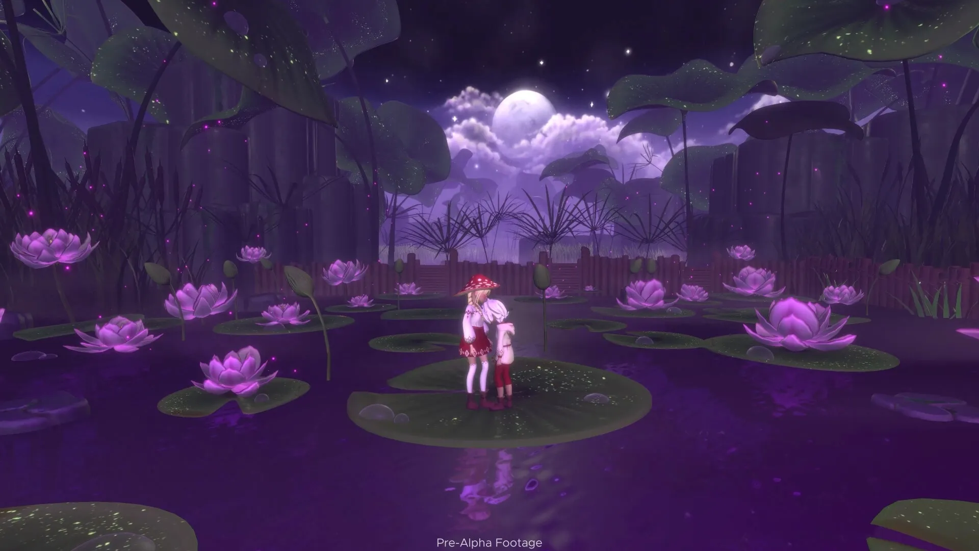 Weeny Wise: Two characters standing on a lily pad in a moonlit pond surrounded by glowing flowers.