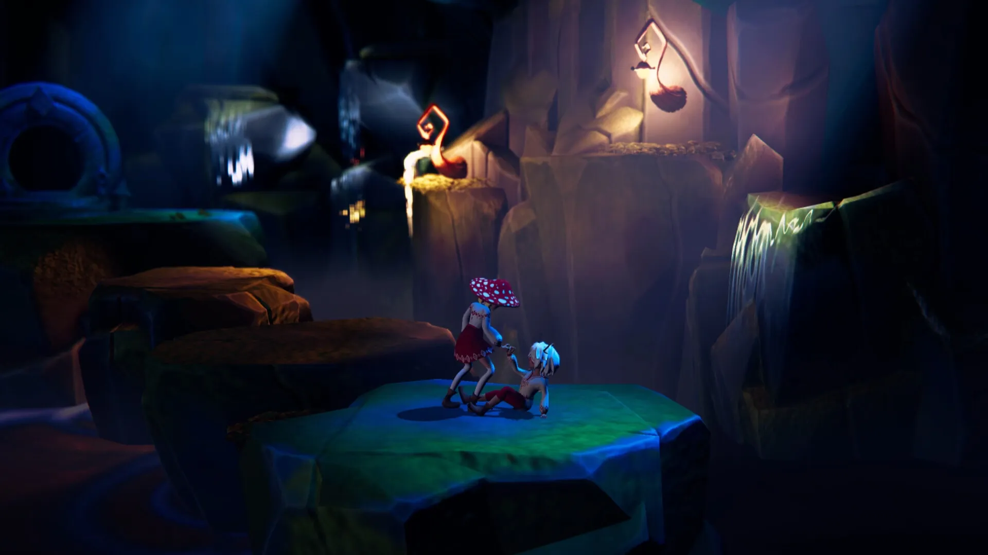 Weeny Wise: Two characters cooperating on a glowing platform in a dimly lit cave environment