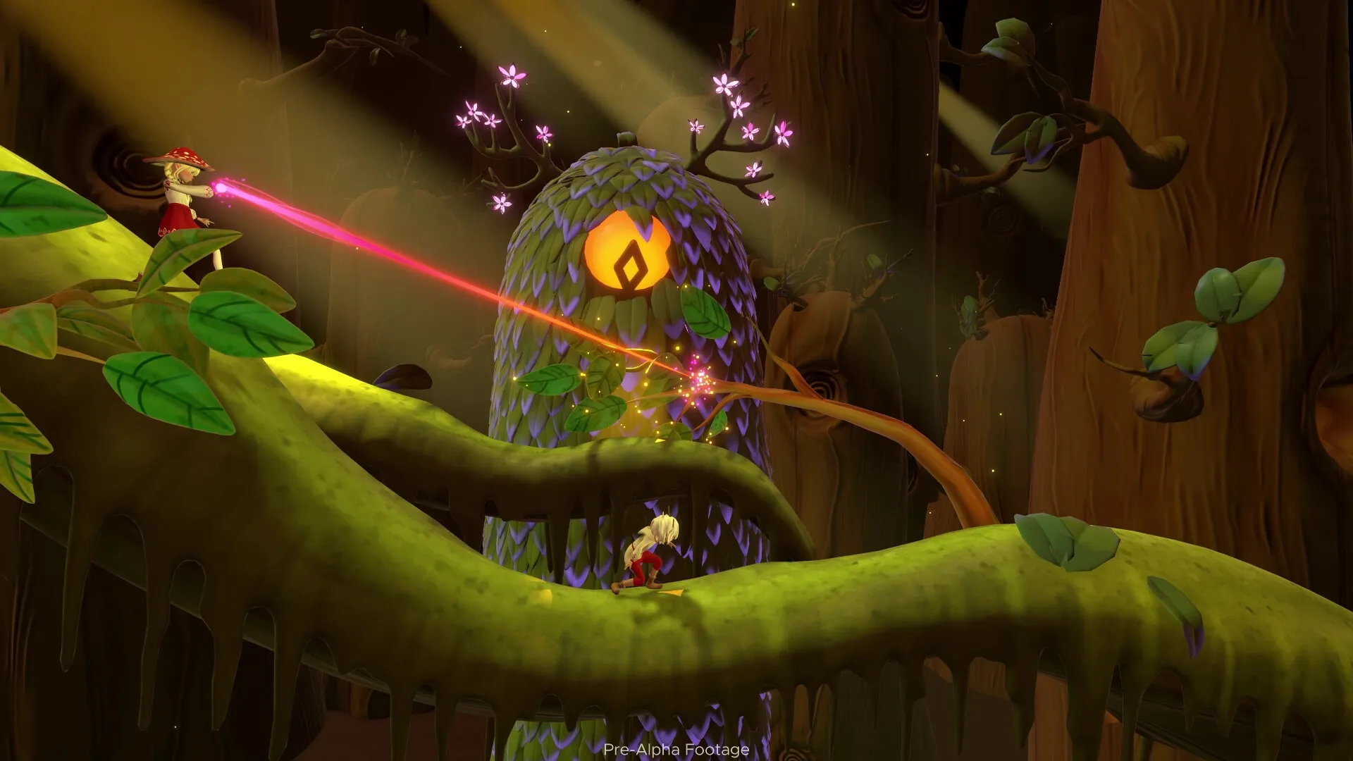 Weeny Wise: Character shoots red beam at glowing tree eye in enchanted forest environment