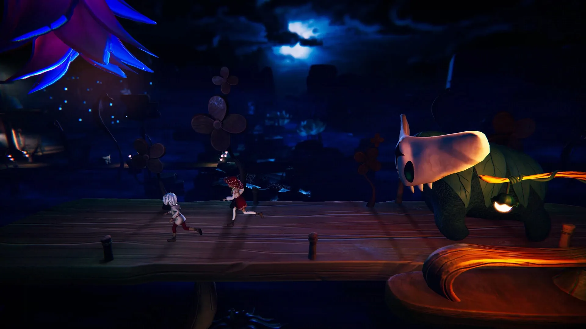 Weeny Wise: Two characters sprint across a wooden bridge at night, avoiding a large creature nearby.