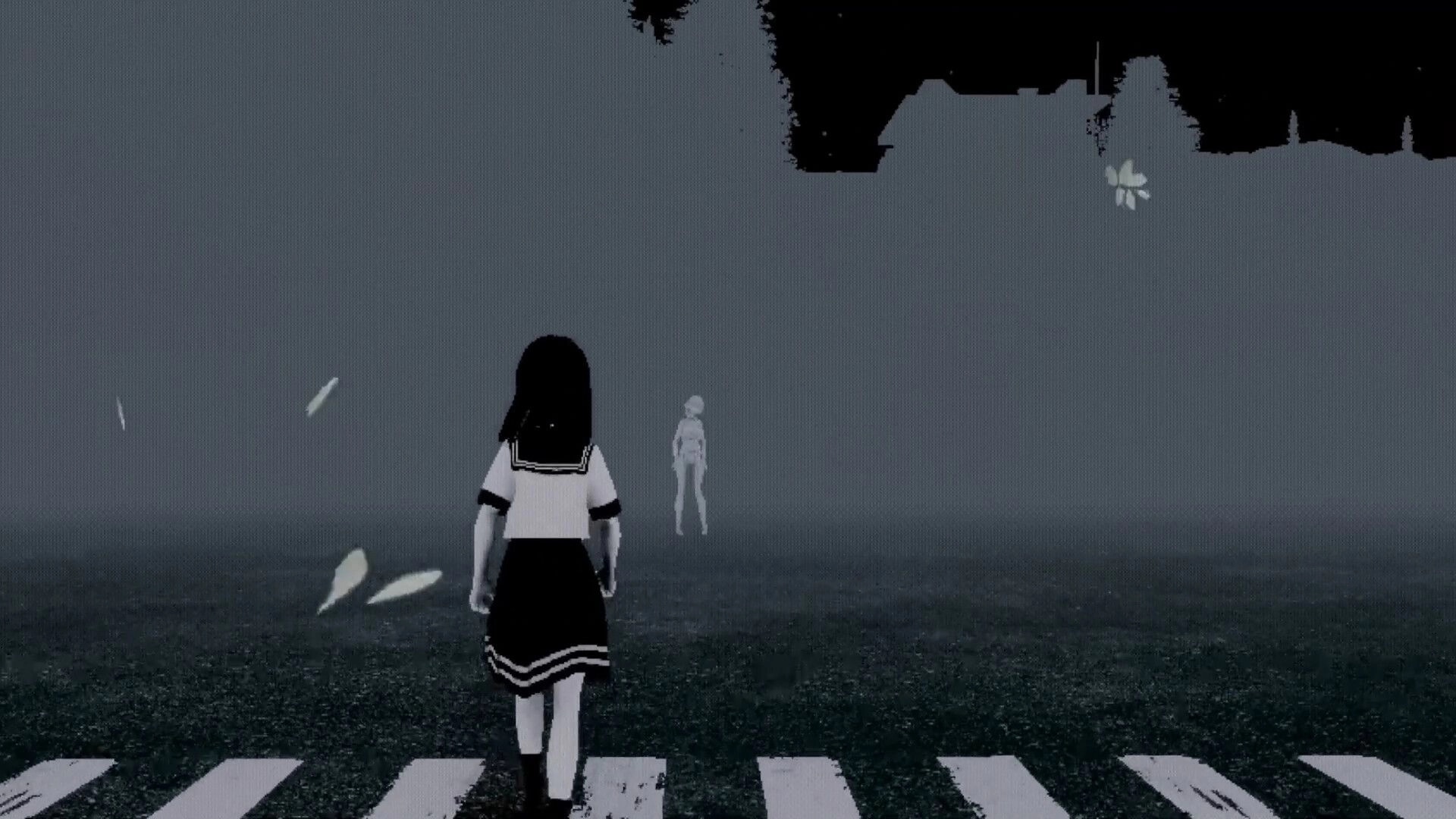 Welcome to Doll Town: A lone girl walks toward a ghostly figure in a foggy, eerie village setting.