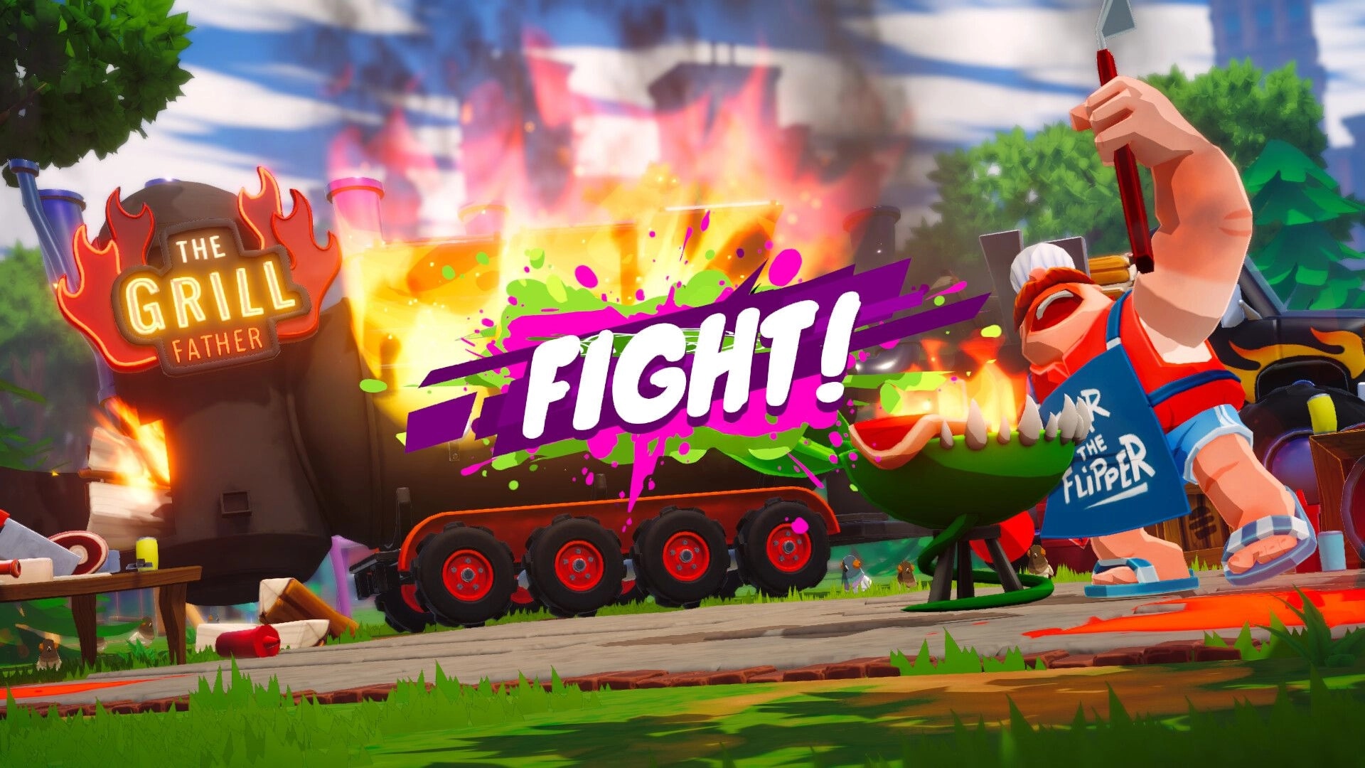 Welcome to Harmony: FIGHT! splash over a grill cook raising a spatula by a flaming food truck yard.