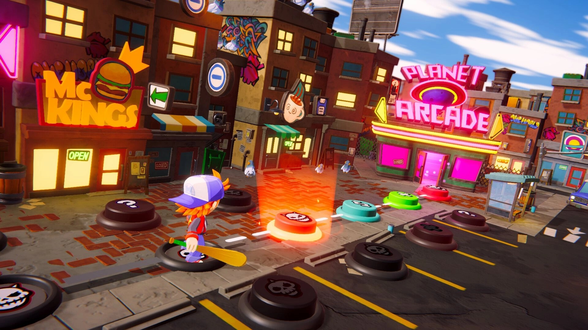 Welcome to Harmony: Skater pawn on a city board path with glowing tokens near Planet Arcade neon street.