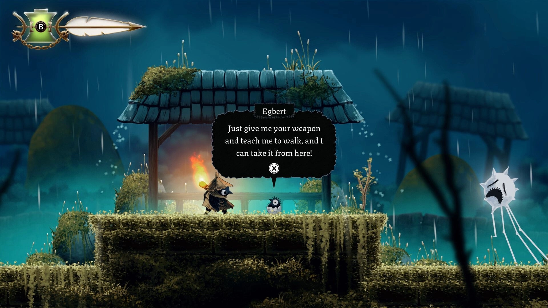 Well Dweller: Dialogue with Egbert beside Glimmer on a rainy mossy platform under a ruined roof.