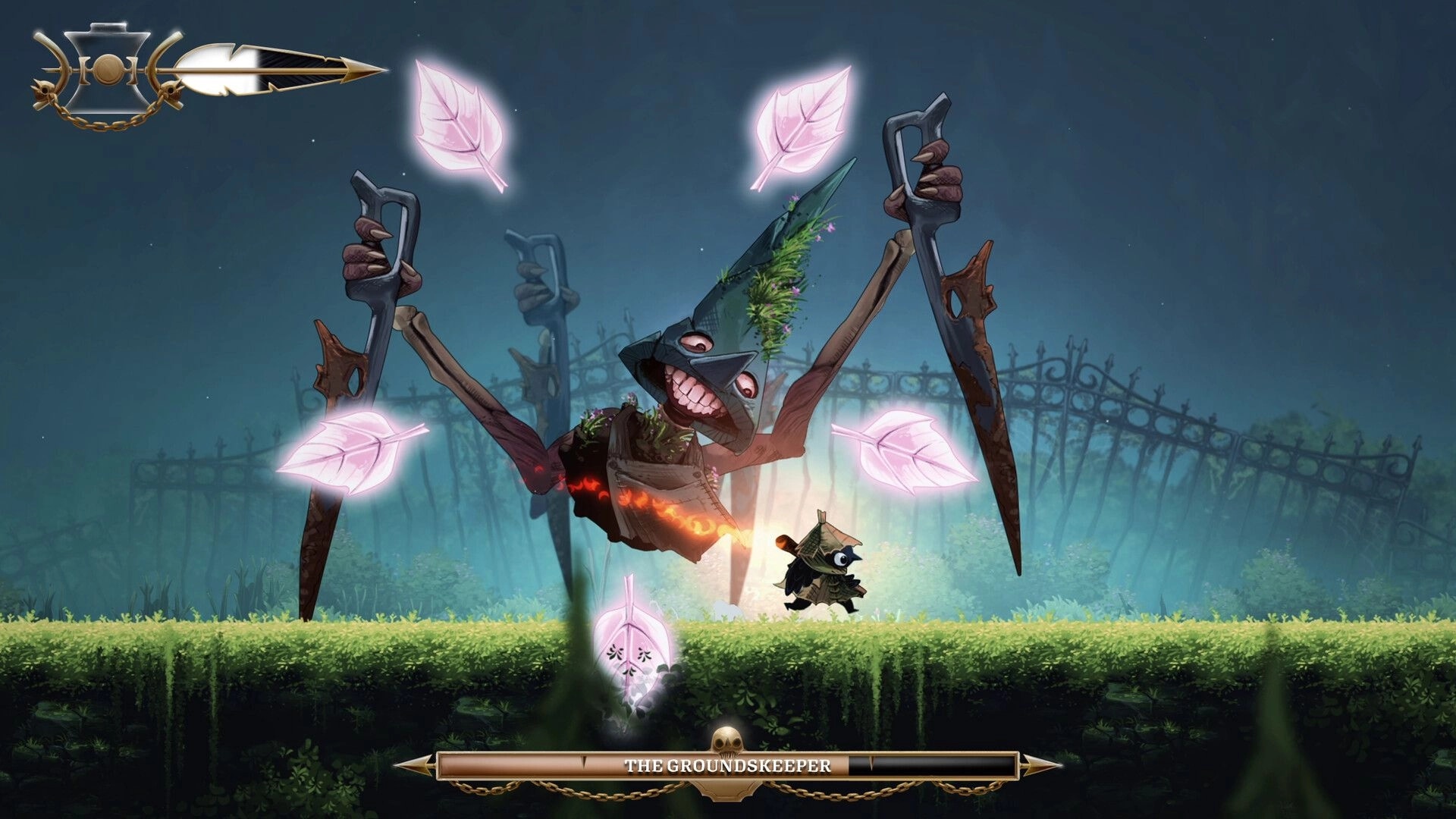 Well Dweller: Glimmer runs from boss Groundskeeper amid glowing leaves in a misty graveyard arena.