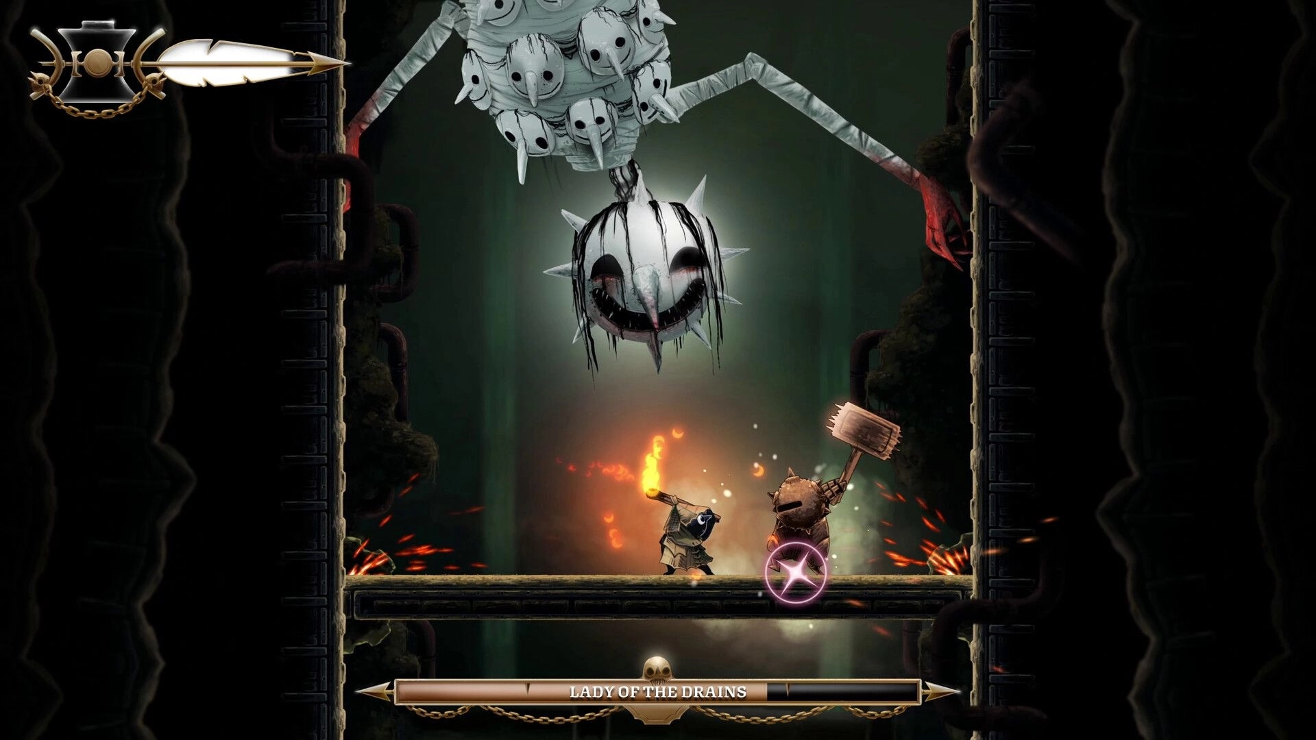 Well Dweller: Glimmer battles Lady of the Drains boss in a grim sewer shaft, boss bar visible.