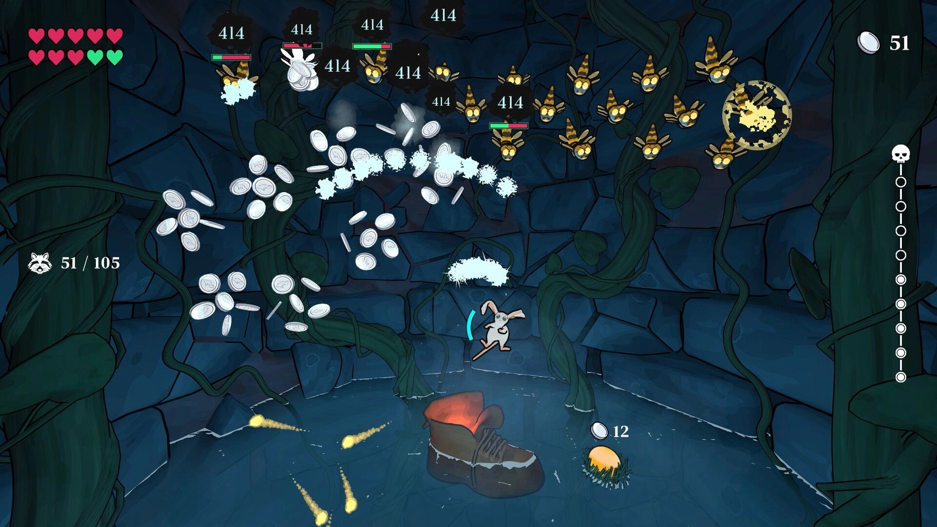 Well Keeper: Character dodging enemy projectiles in cave with vines, showing heart and coin stats