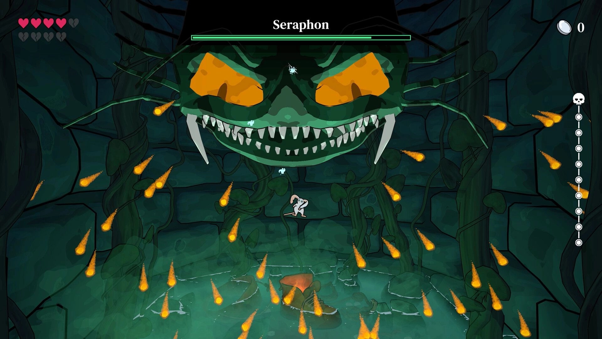 Well Keeper: Player dodges fire projectiles from Seraphon boss in a vine-covered dungeon arena