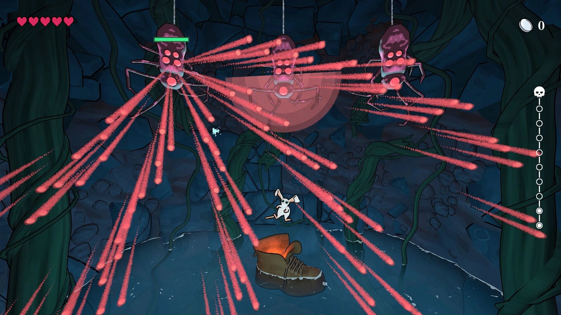 Well Keeper: Player evades enemy bullet patterns in a dark cave with vines and a large shoe.