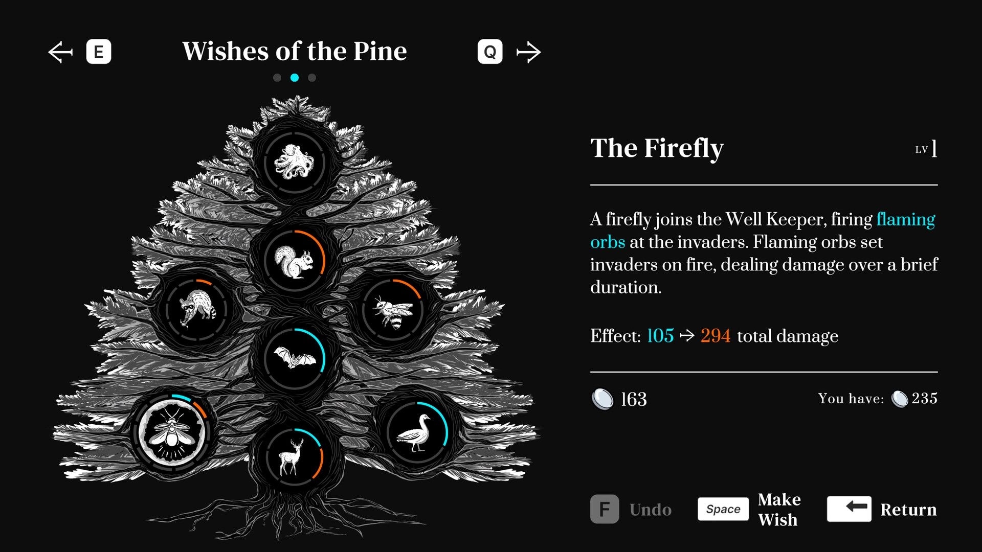 Well Keeper: Ability selection screen with animal icons on a tree, highlighting "The Firefly" upgrade.