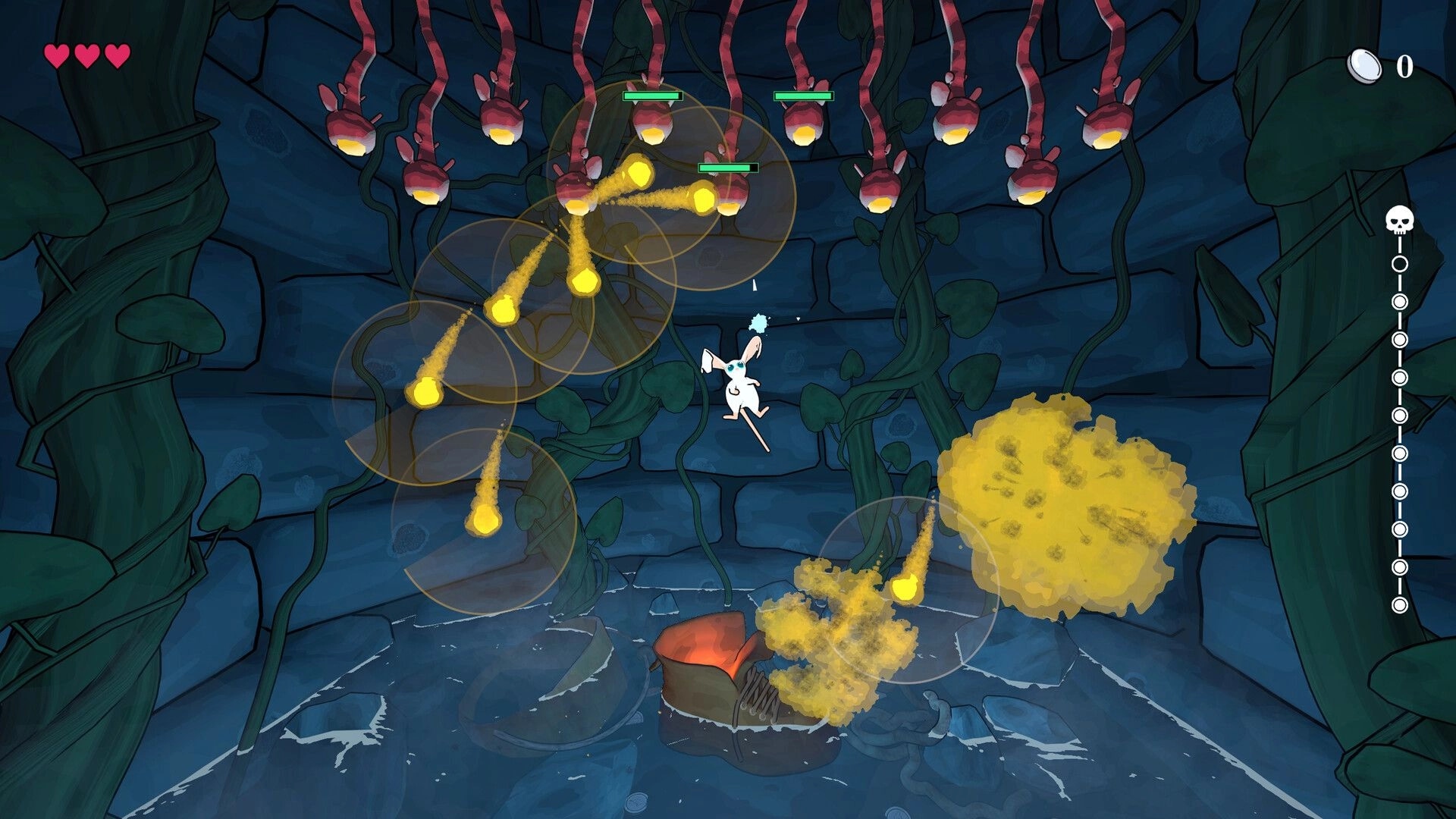 Well Keeper: Main character flapping amidst enemy projectiles in a vine-covered stone chamber.