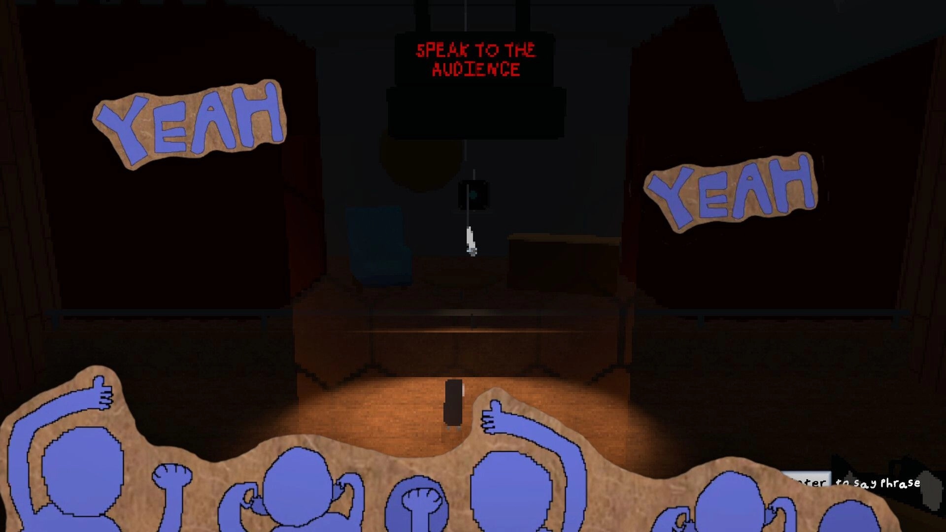 West: Audience interaction scene with "Speak to the Audience" prompt on stage with cheering crowd