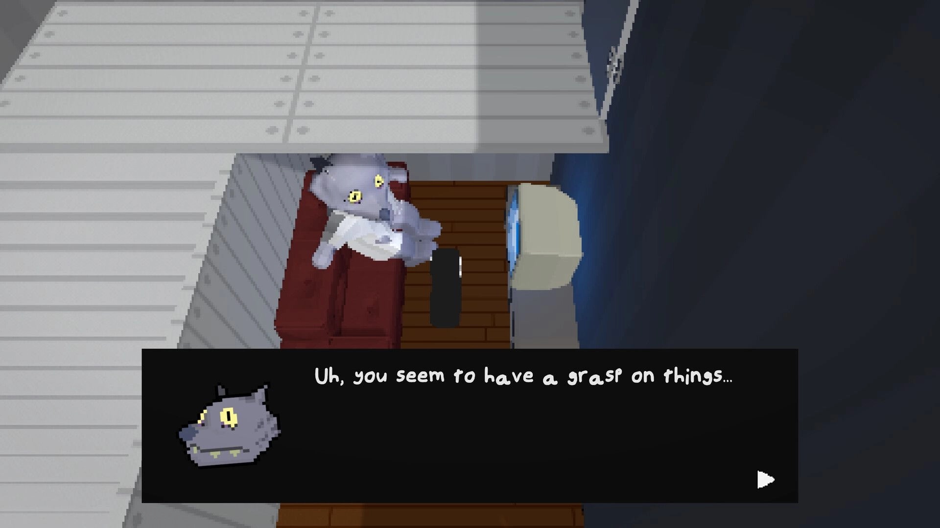 West: Cartoon character sitting on a red couch with a dialogue box in a small, dimly lit room