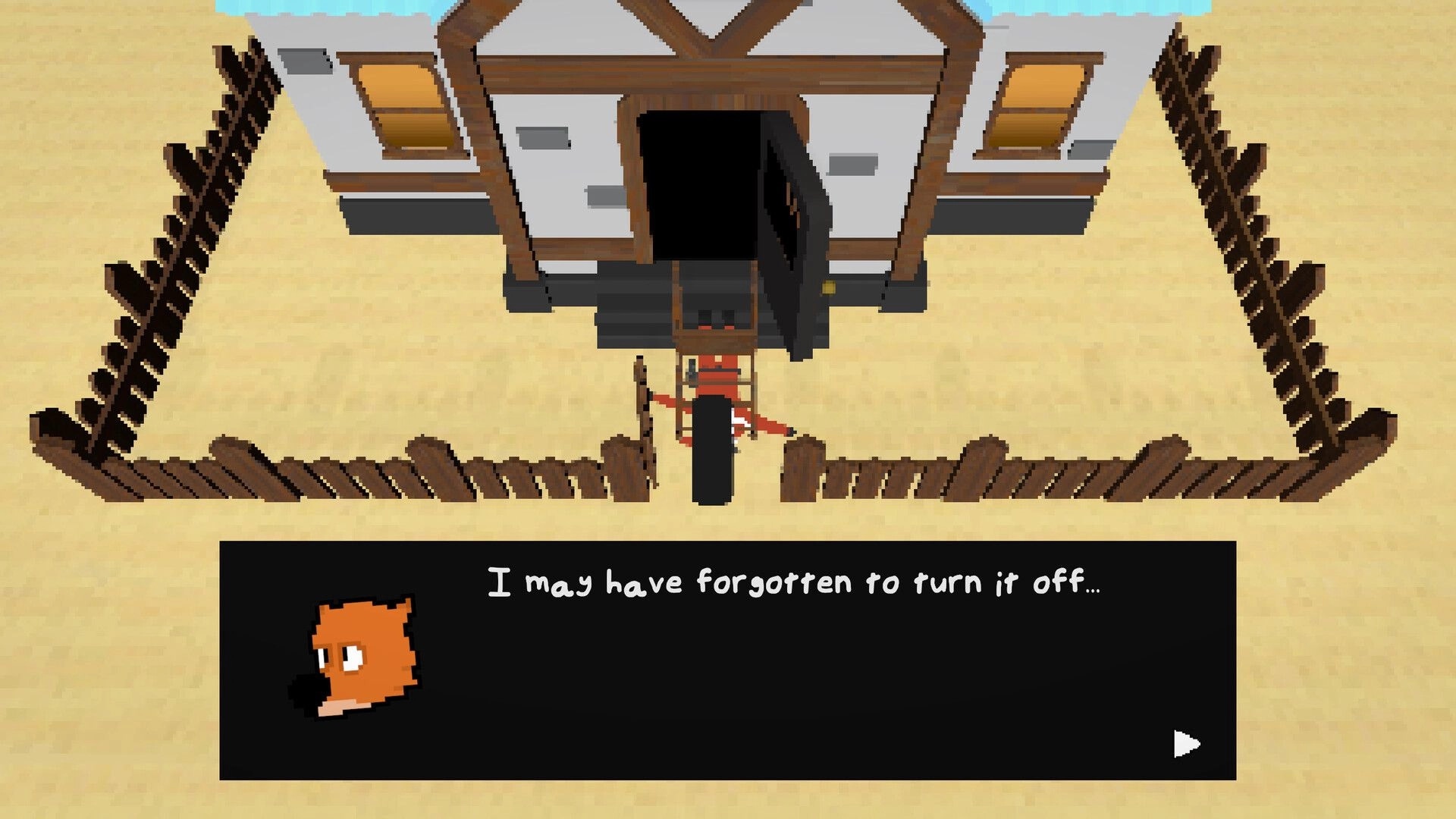 West: Character stands at open door of house with dialogue box in desert village setting.