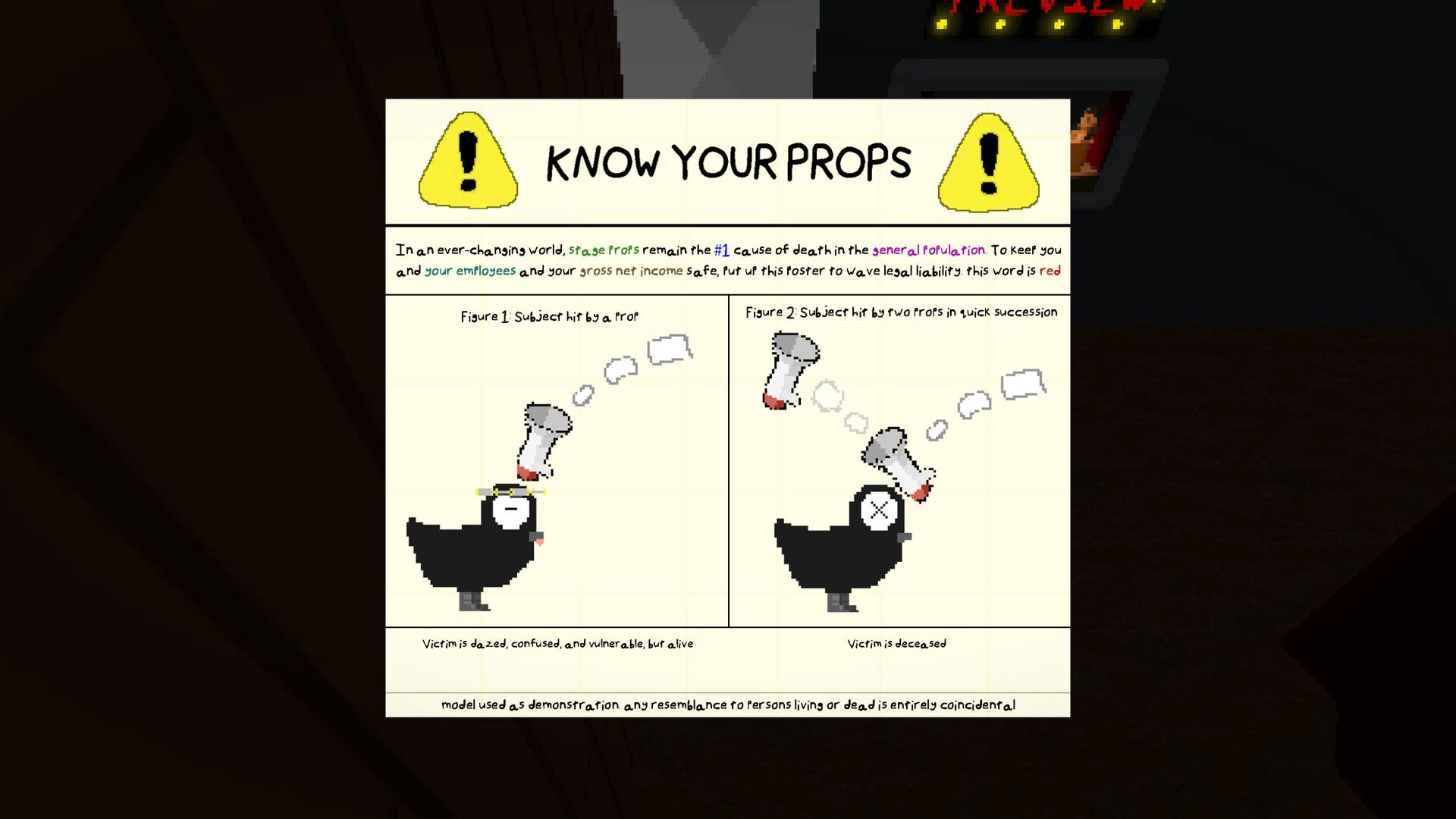 West: Instructional poster on prop safety featuring two cartoon birds in a dark room setting.