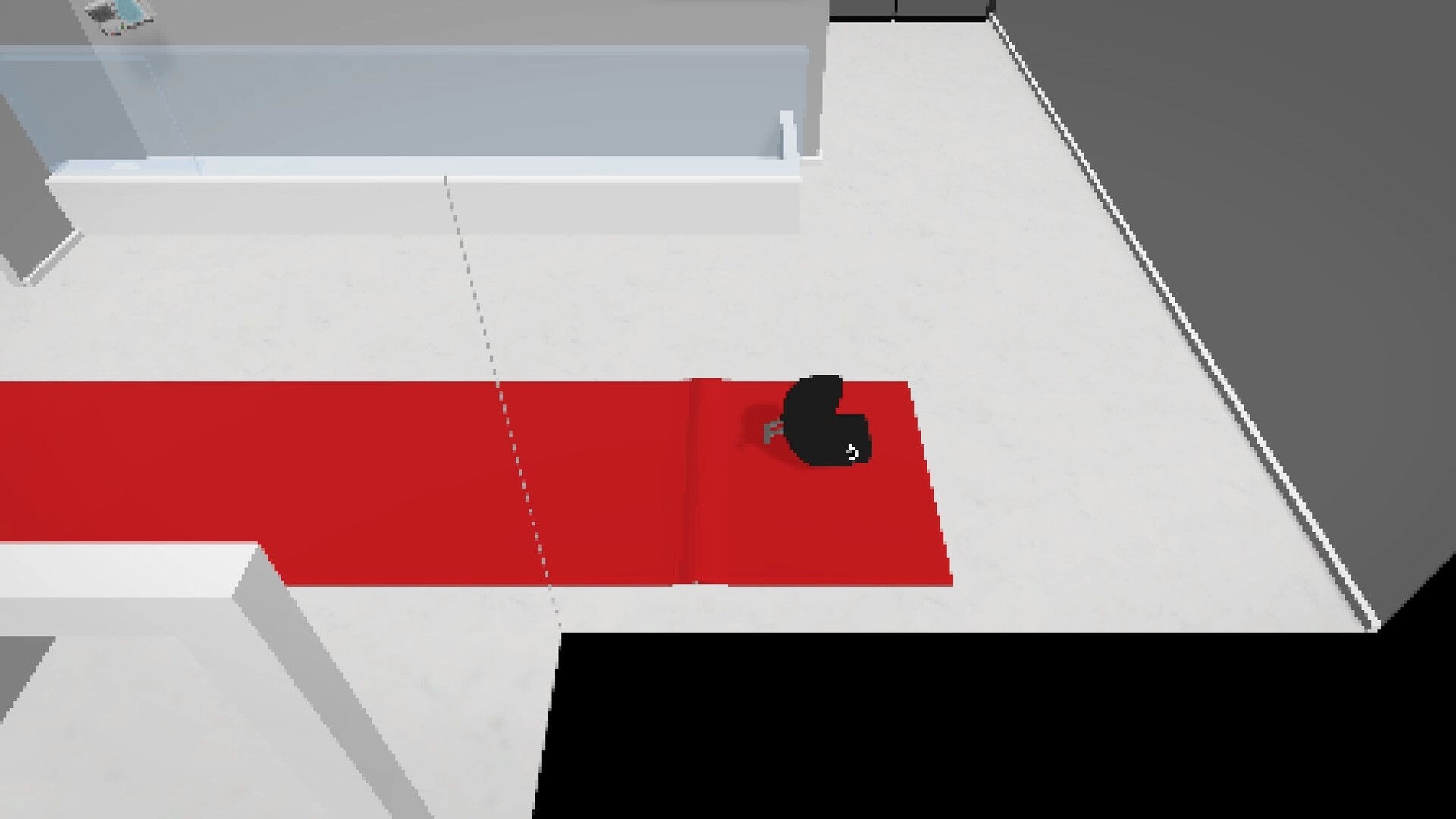West: Character walking on red carpet in a modern, monochrome interior space with minimal decor.