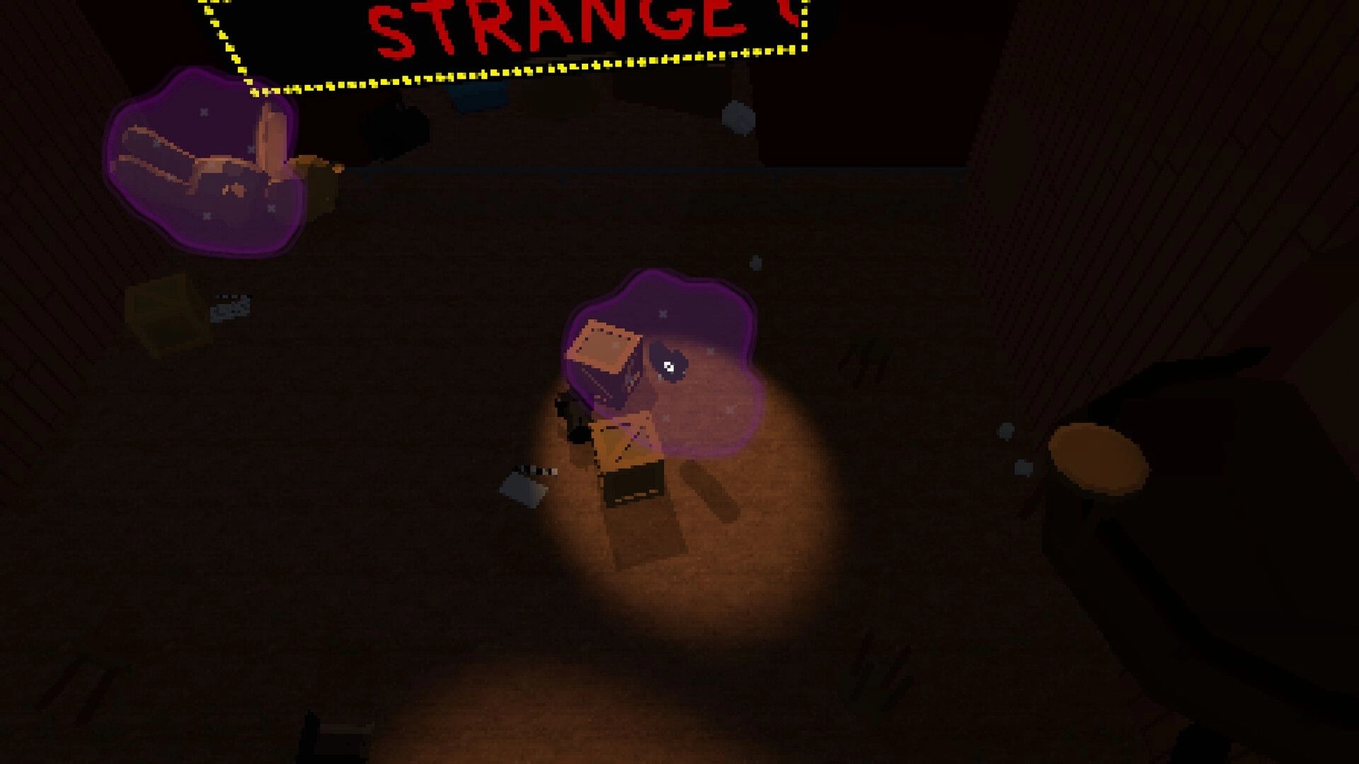 West: Character investigates glowing purple aura near boxes under "STRANGE" sign in dimly lit area.