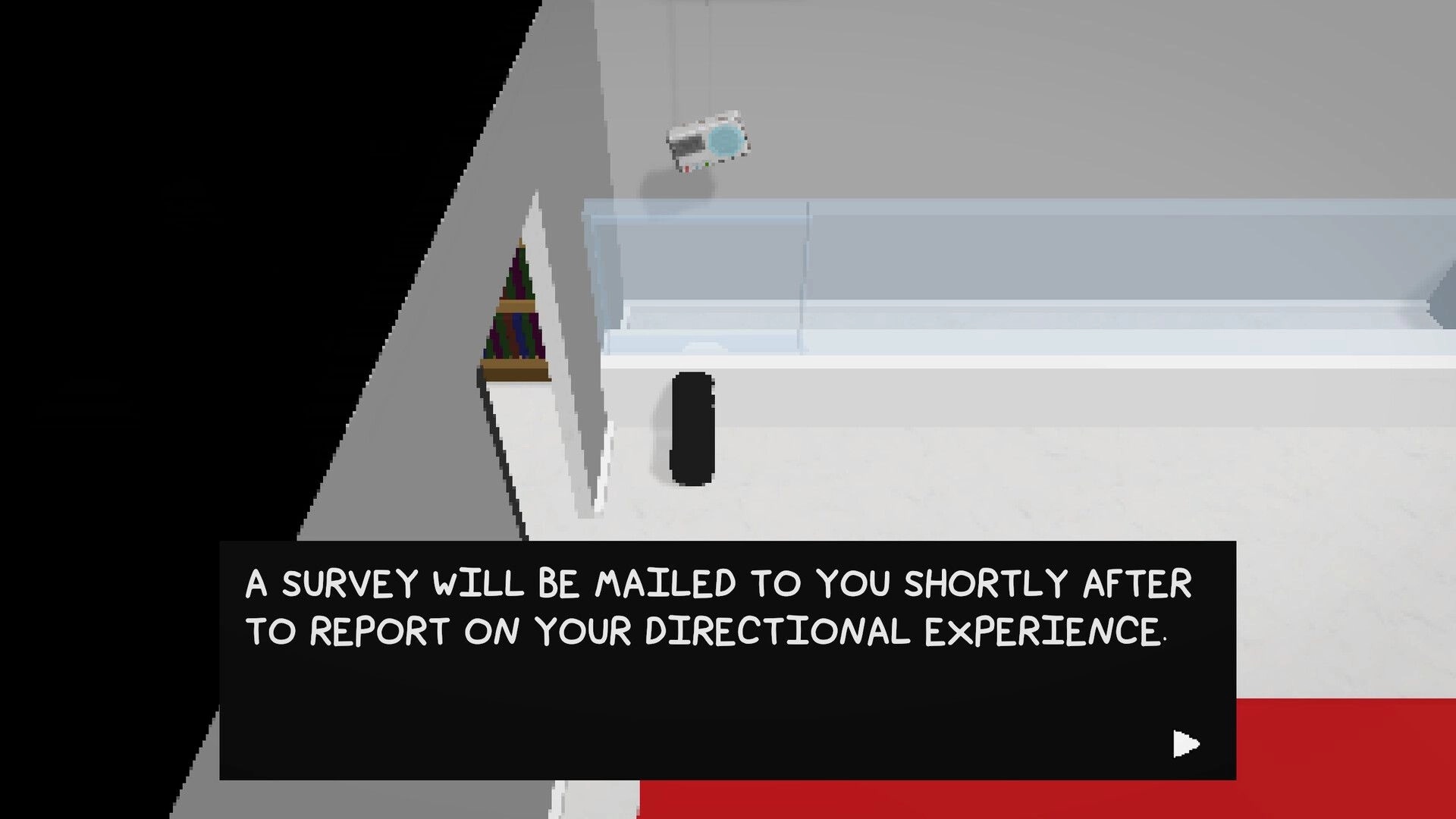 West: Text box with message about a survey in a minimalistic room with bookshelf and ceiling fan.