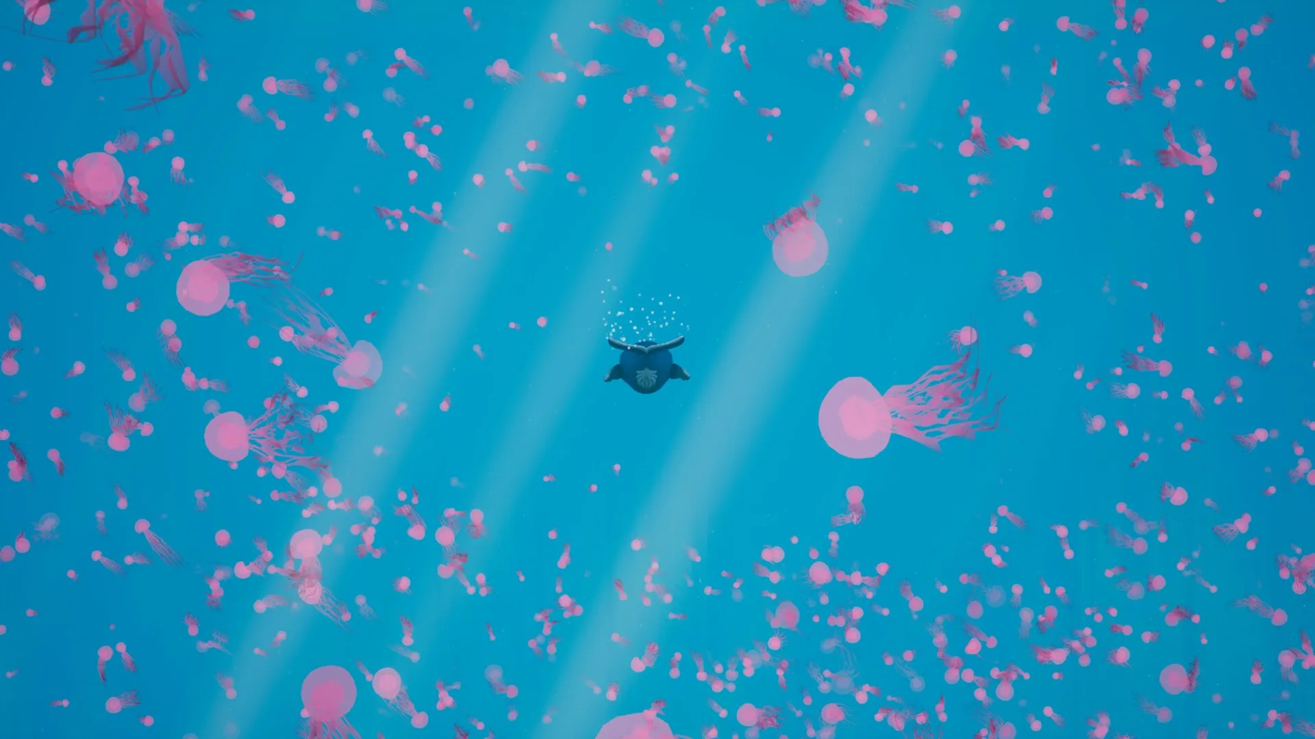 Whale Singer: Whale swims amidst pink jellyfish in a serene, blue underwater environment