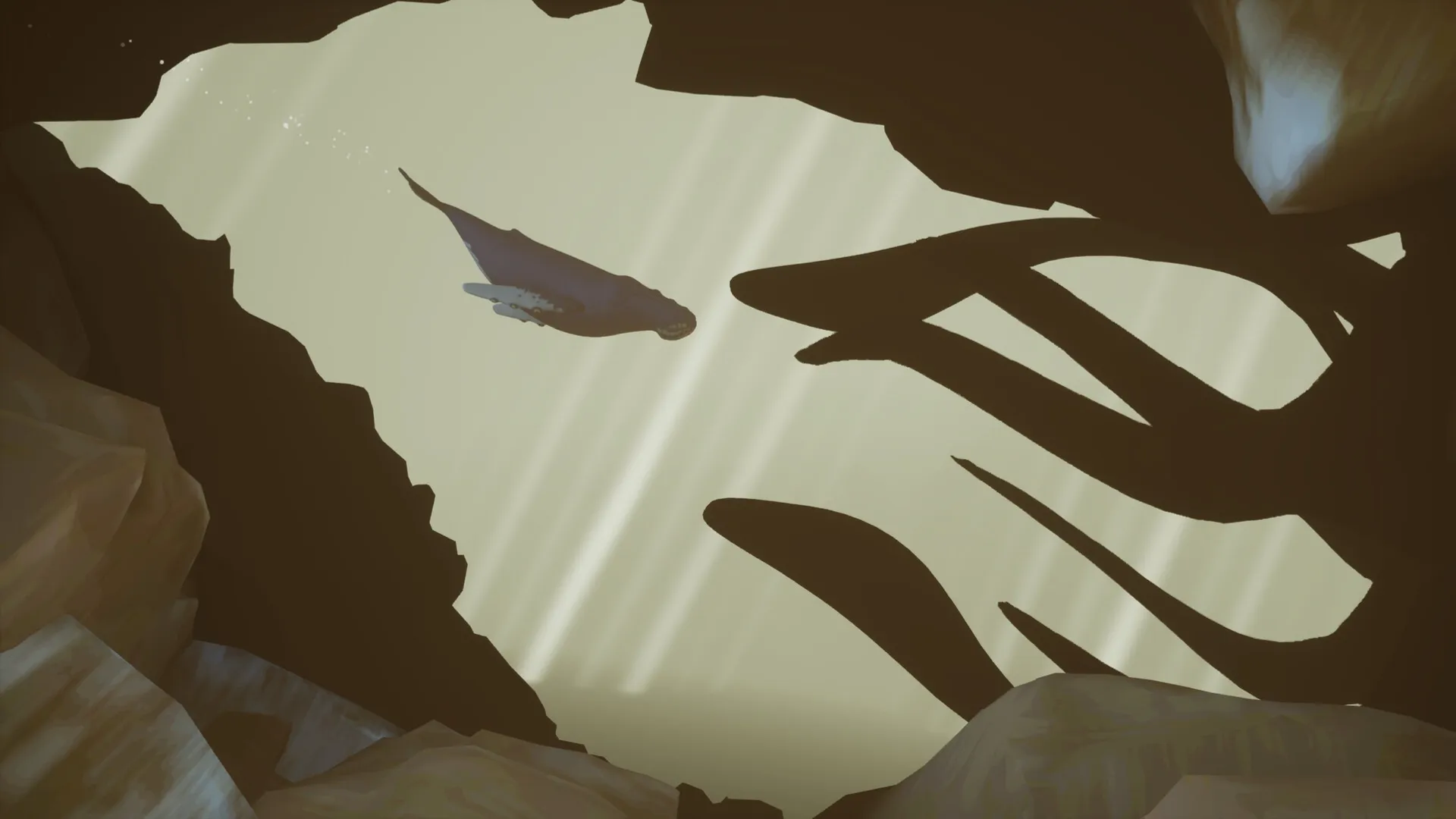 Whale Singer: A lone whale swims through sunlit underwater cave, surrounded by shadows and rocky formations