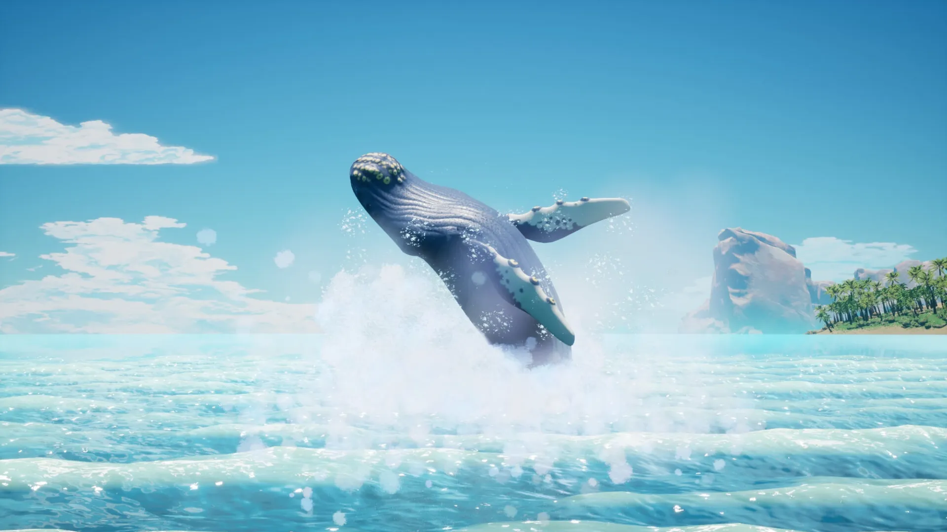 Whale Singer: A majestic whale breaches the ocean's surface near a tropical island under a clear blue sky.