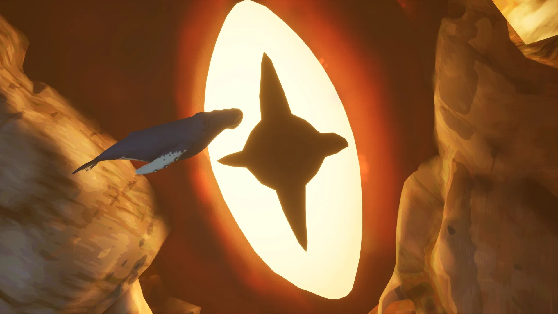 Whale Singer: Whale approaches glowing portal in an underwater cavern with rocky walls