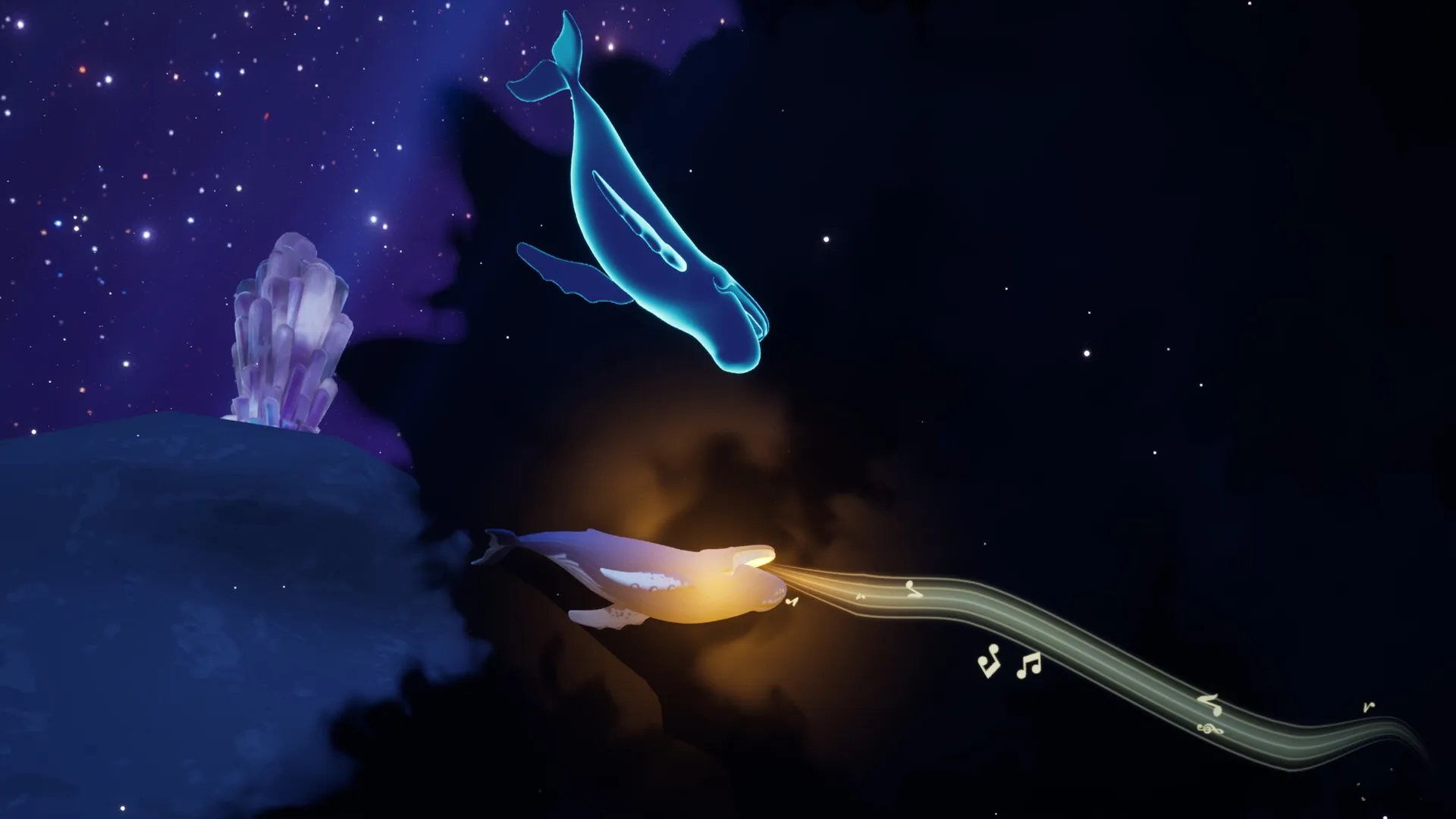 Whale Singer: Two glowing whales interact with musical notes in a starry ocean environment