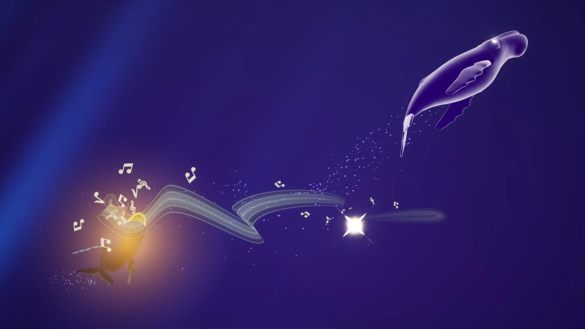 Whale Singer: Glowing whale sings ethereal notes against dark ocean backdrop with swirling musical symbols