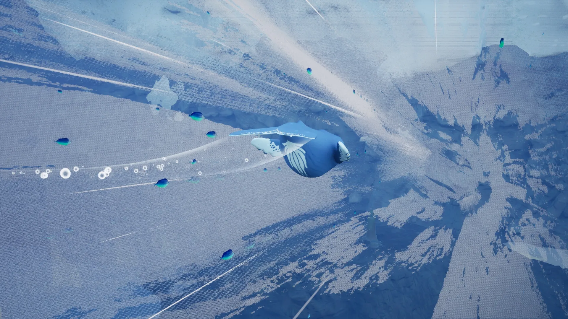 Whale Singer: Whale gliding through vibrant ocean currents with bubbles and light effects surrounding.
