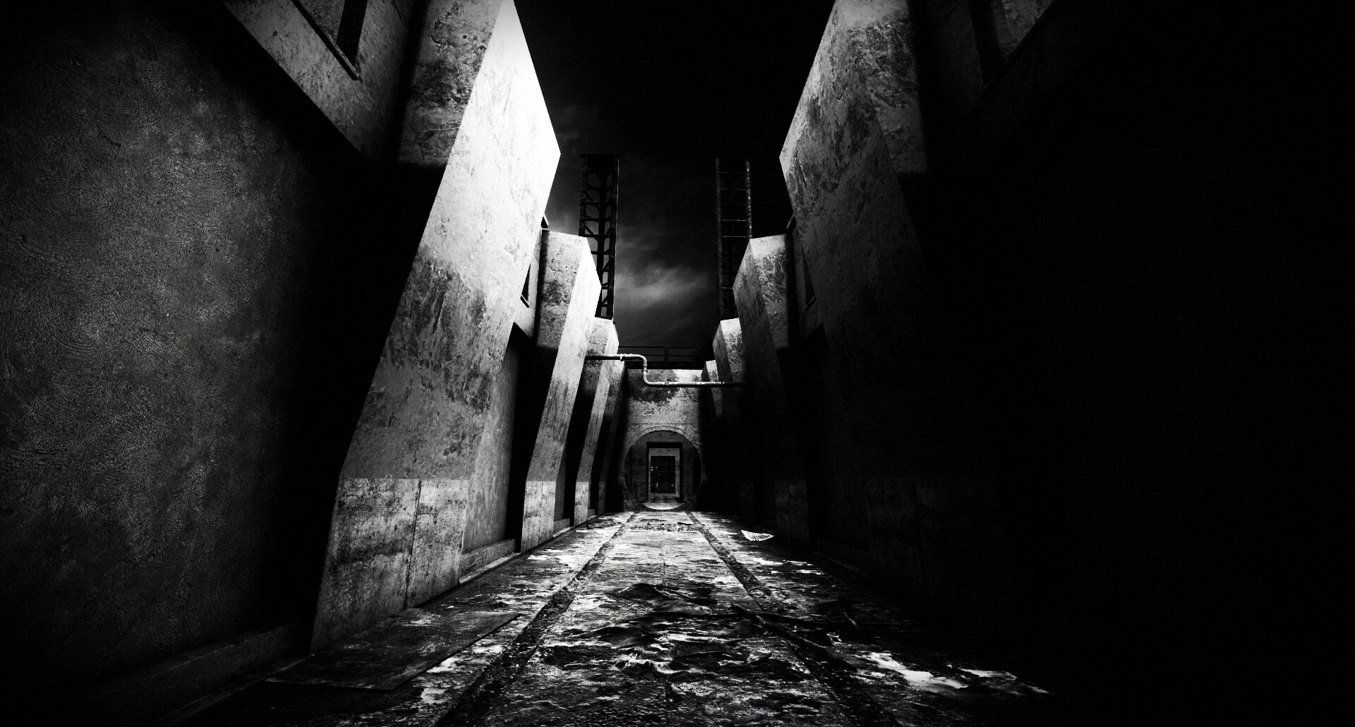 What Has Come Before: Narrow alleyway with looming concrete walls under a dark, cloudy sky in limbo setting