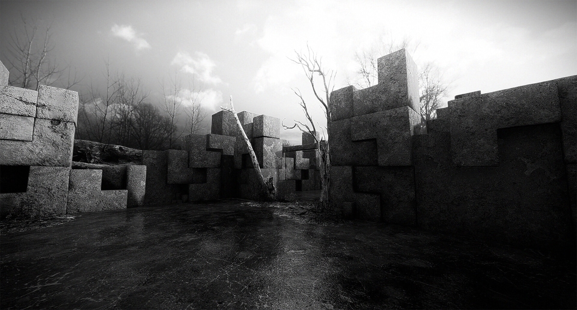 What Has Come Before: Abstract stone structures and barren trees in a desolate black and white landscape