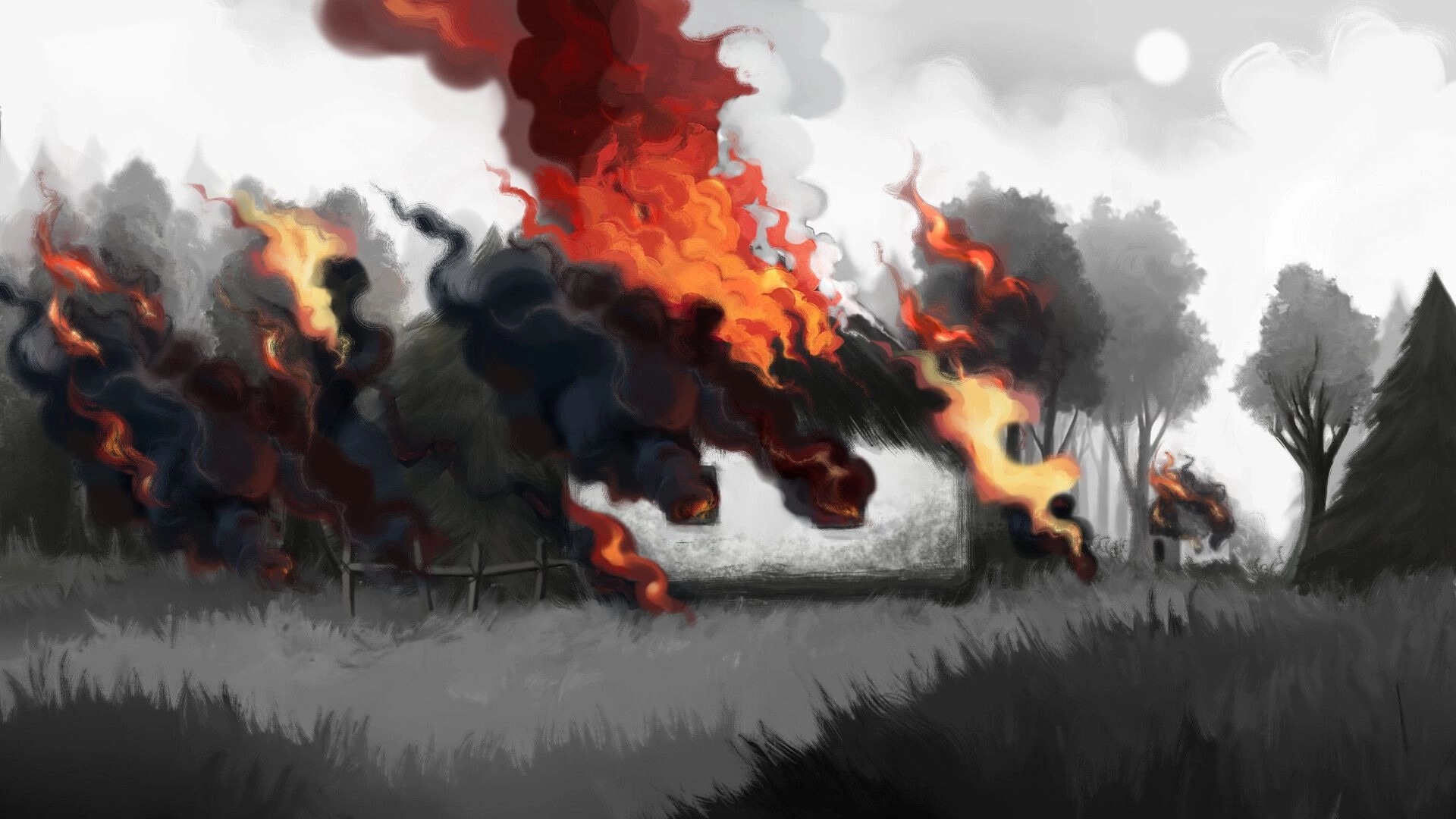 What Remains: Village house engulfed in flames amidst a forest setting under a cloudy sky
