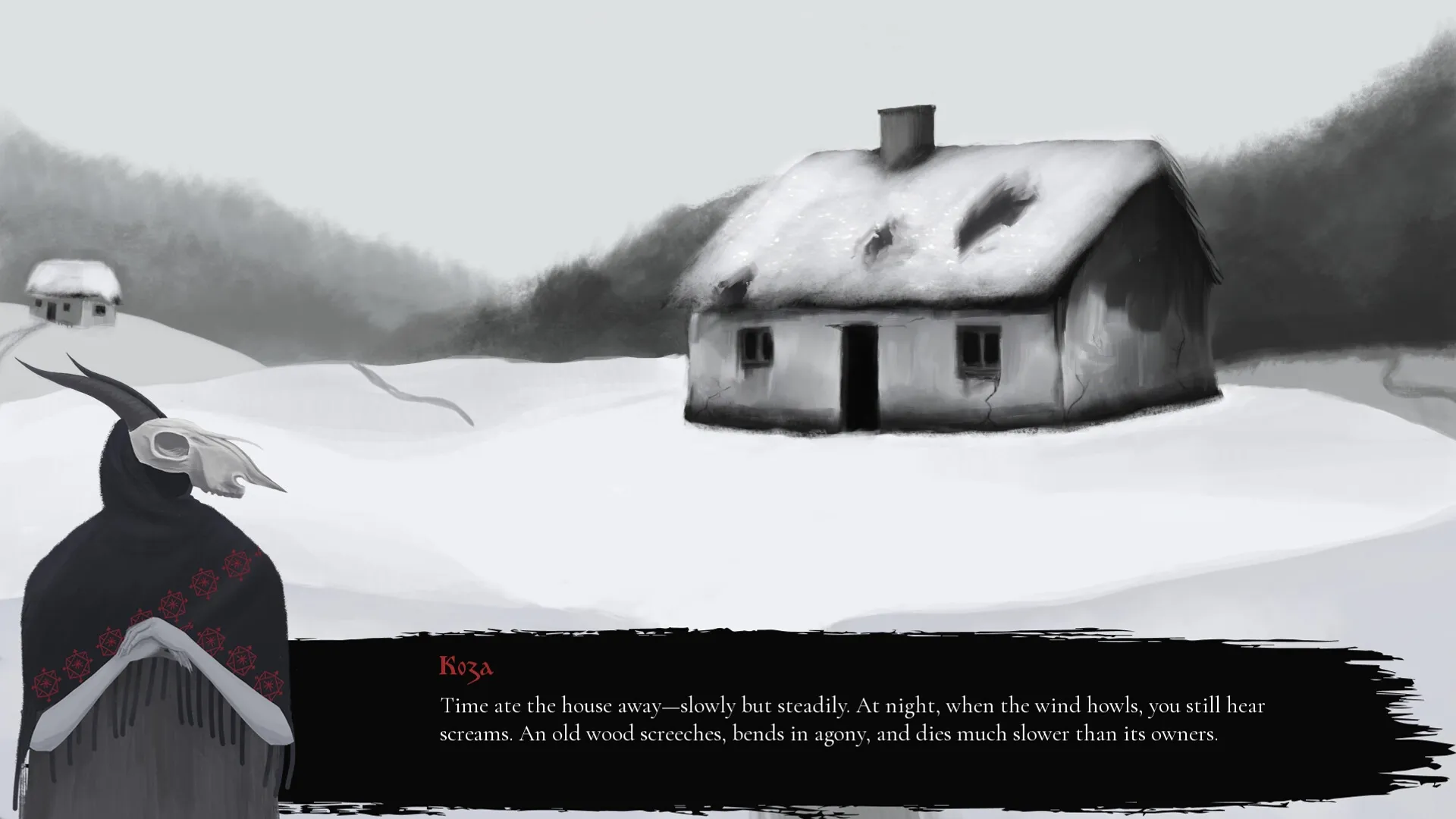 What Remains: Koza stands in snowy landscape with abandoned house, ominous text displayed below