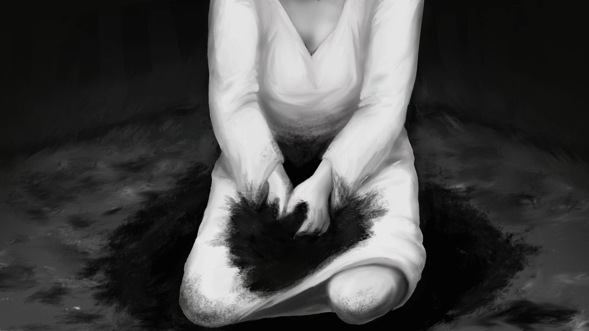 What Remains: Mysterious figure in white dress kneeling, holding dark substance on shadowy ground