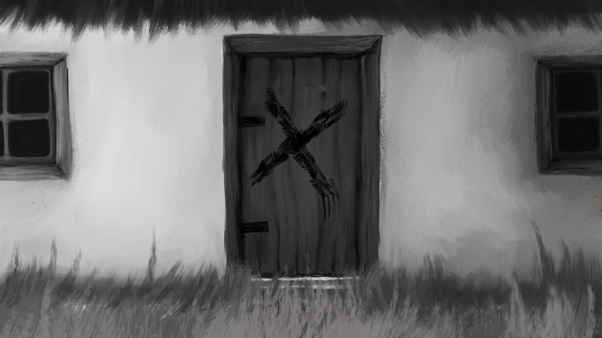 What Remains: Wooden door with black X marking on white wall of a rural house, eerie atmosphere