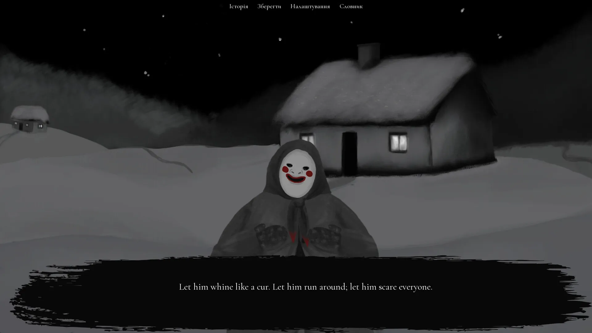What Remains: Character in ghostly mask stands in snowy night near an eerie, dimly lit cottage.