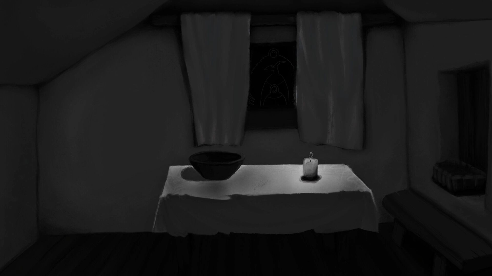 What Remains: Dimly lit room with table, bowl, candle, and eerie figure visible through curtained window.
