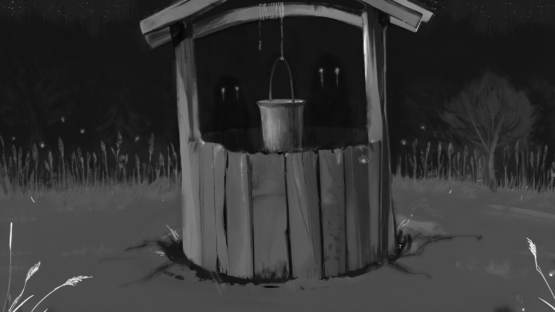 What Remains: Mysterious figures with glowing eyes peer from inside a well in a dark, eerie field.