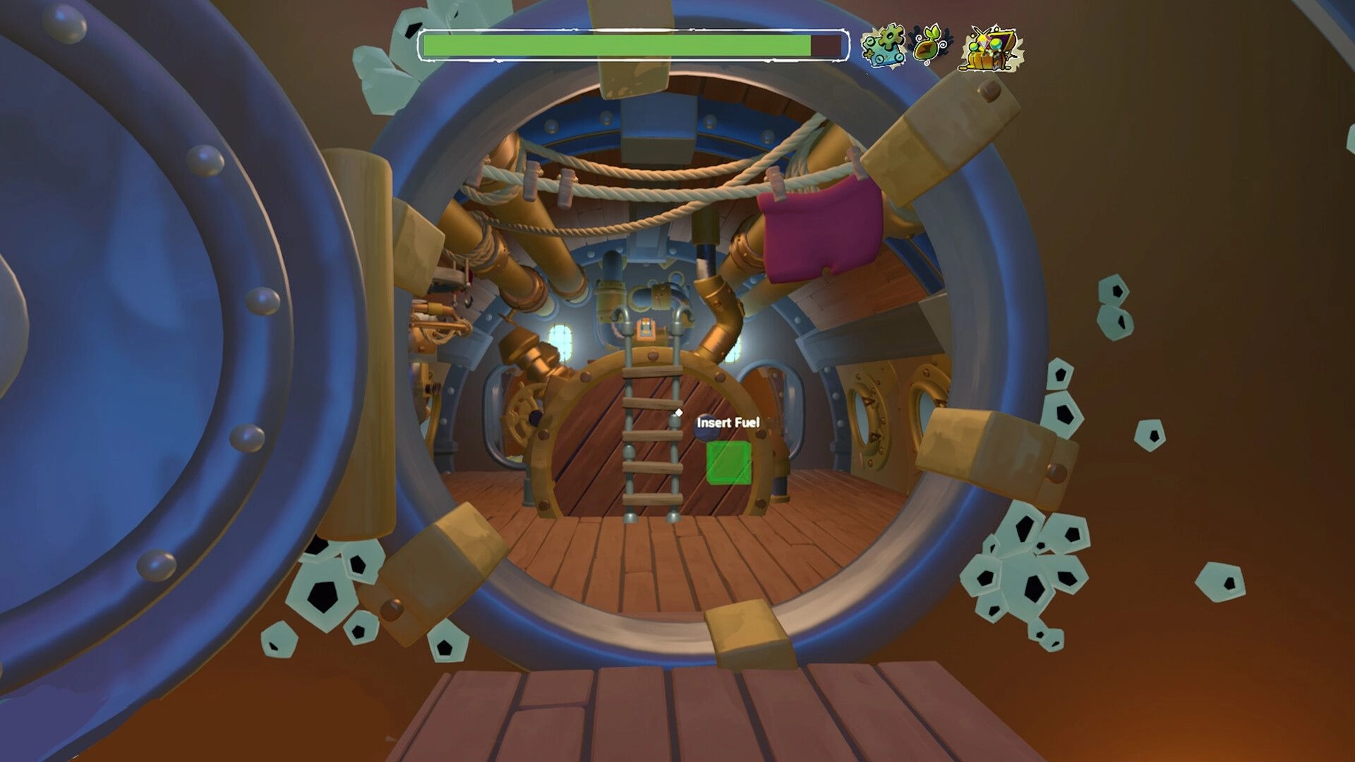 What’Sub: Insert Fuel prompt at engine ladder with health bar HUD inside a cartoon submarine room.
