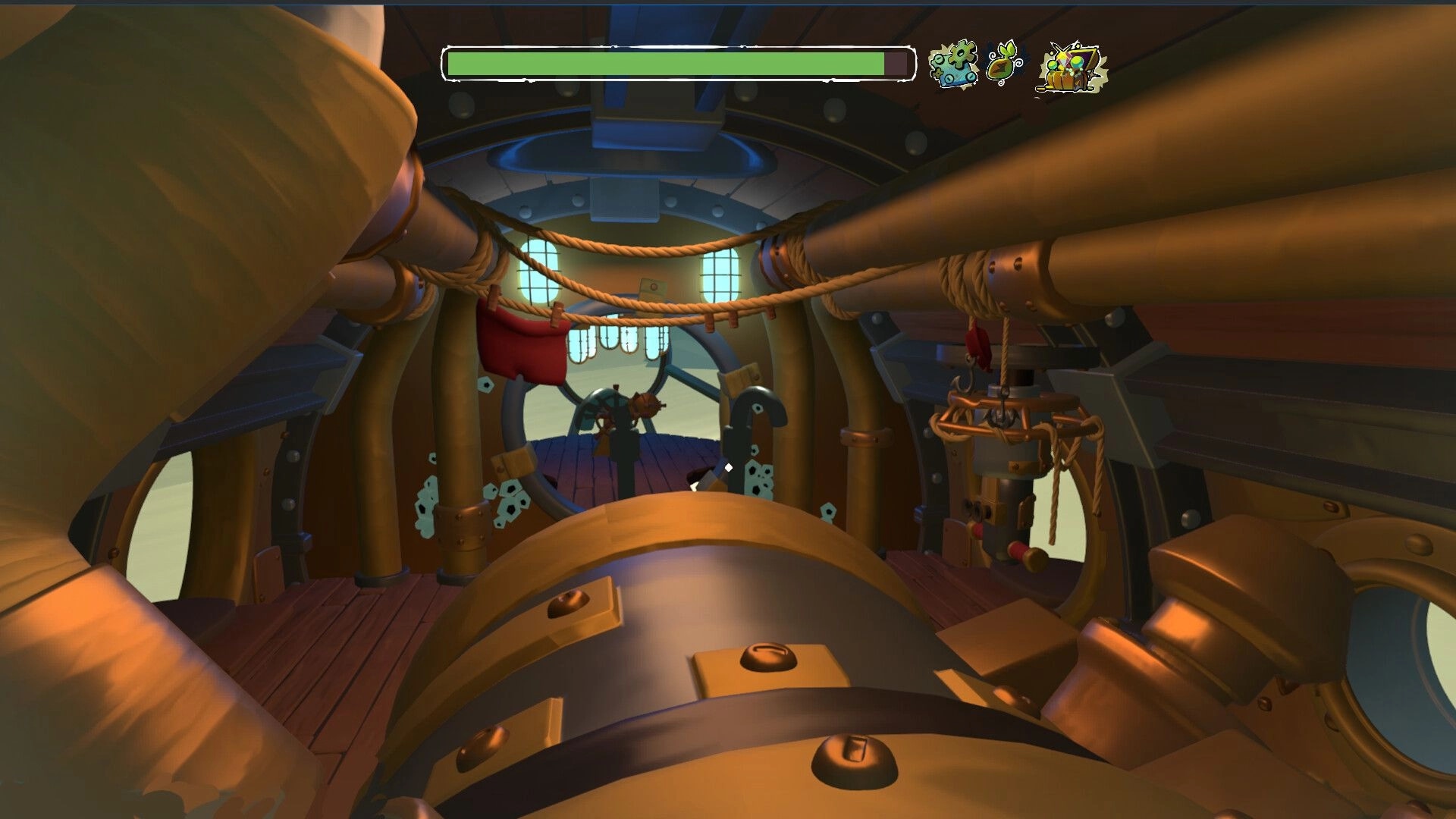 What’Sub: Pirate crew member at the helm with green health bar inside a rope-lined submarine cabin.