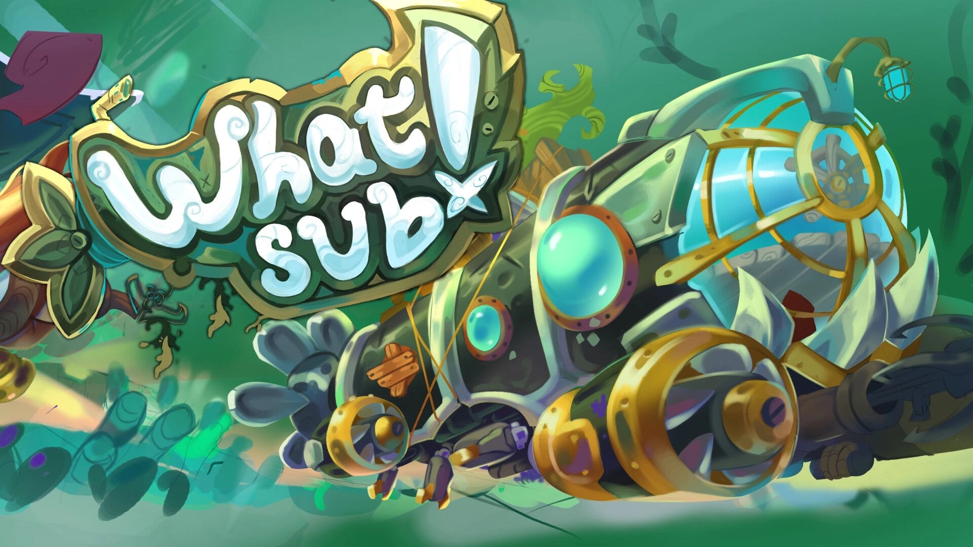 What’Sub: Title logo beside a patchwork submarine with glowing portholes in a teal underwater scene.