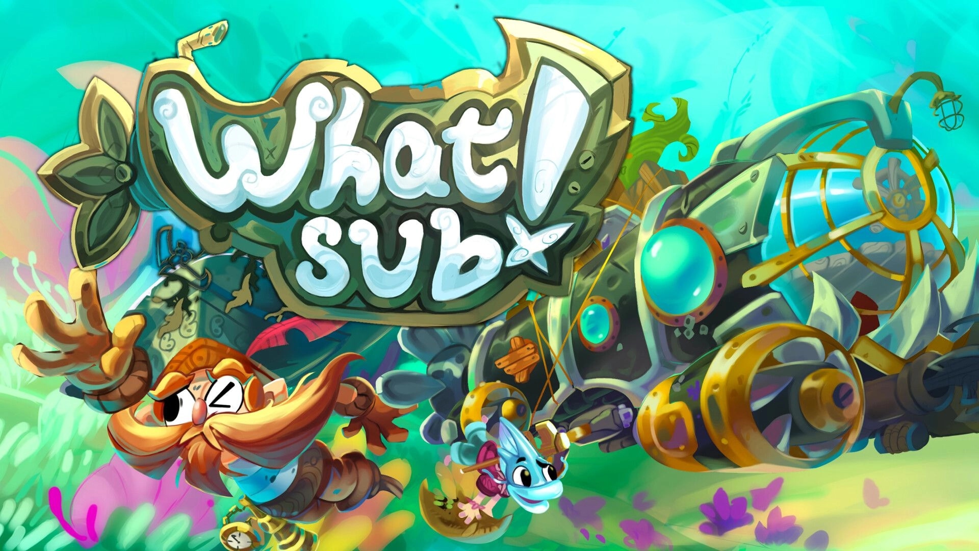 What’Sub: Pirate crew mascot and submarine beside the What’Sub logo in a bright underwater scene.