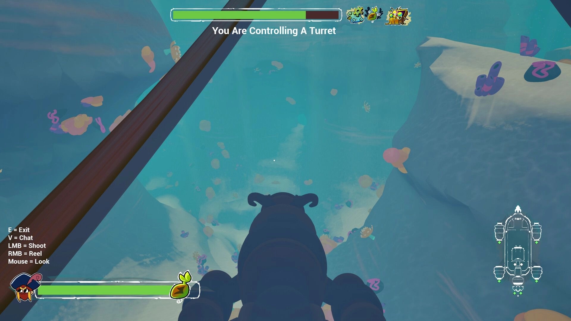 What’Sub: Player controlling a turret aiming into deep blue water with HUD bars and sub mini-map.