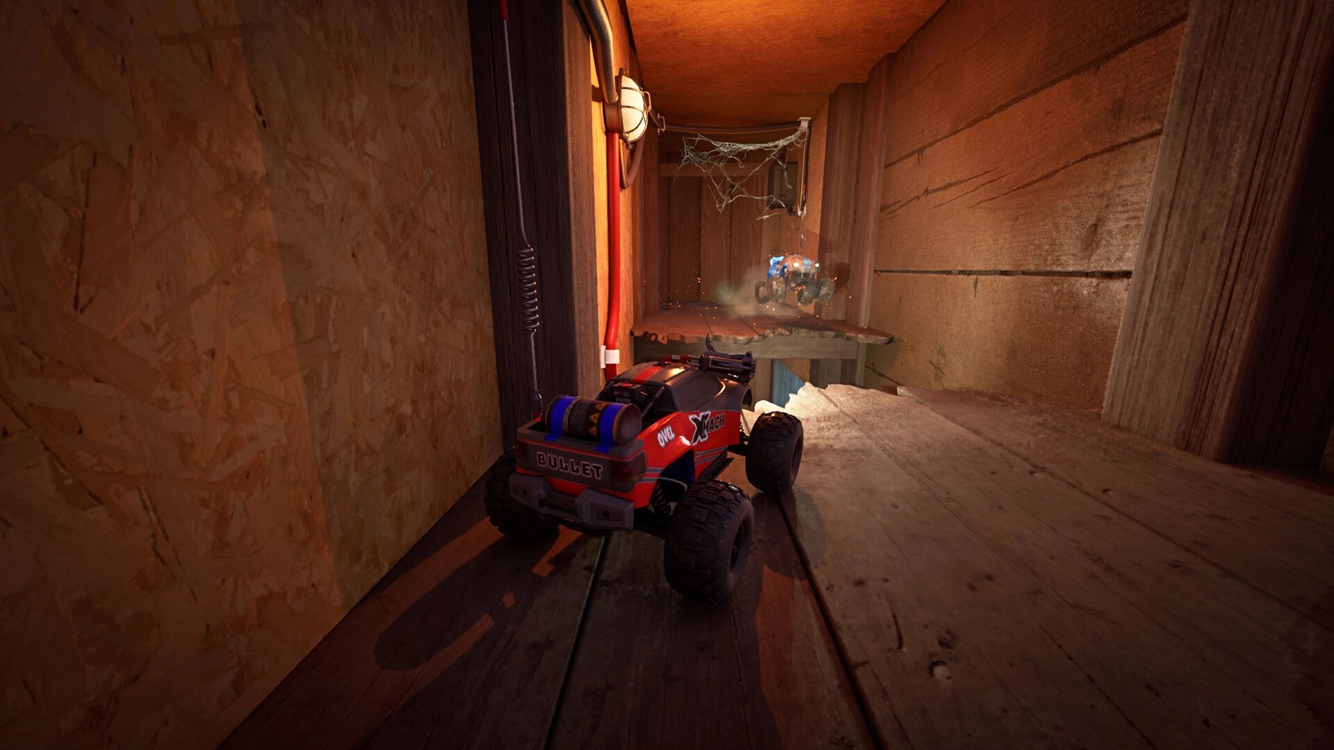 WheelMates: RC car navigates narrow wooden corridor with cobwebs, another car jumps ahead
