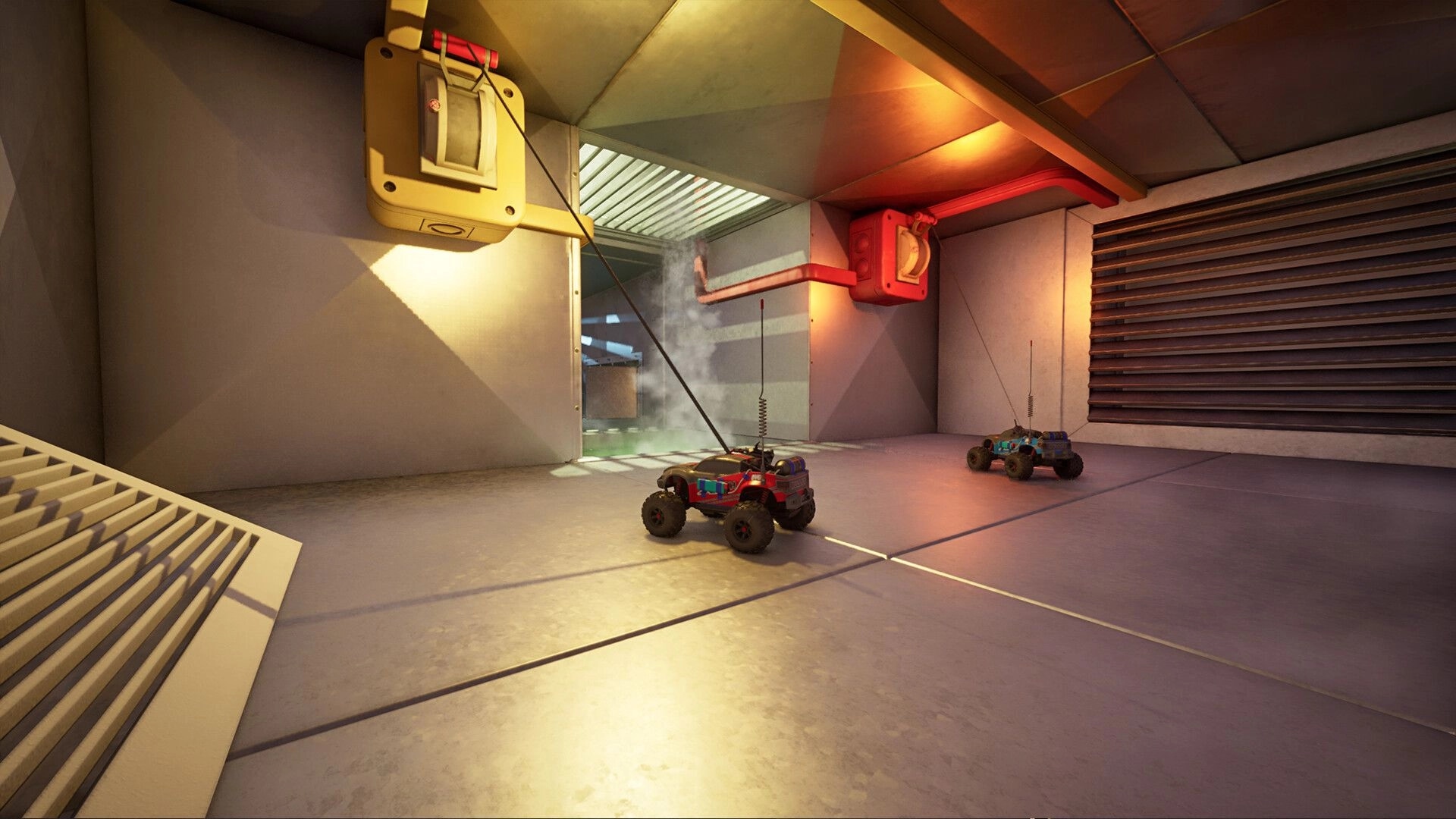 WheelMates: Two RC cars exploring a vent-filled basement with bright lighting and mechanical elements