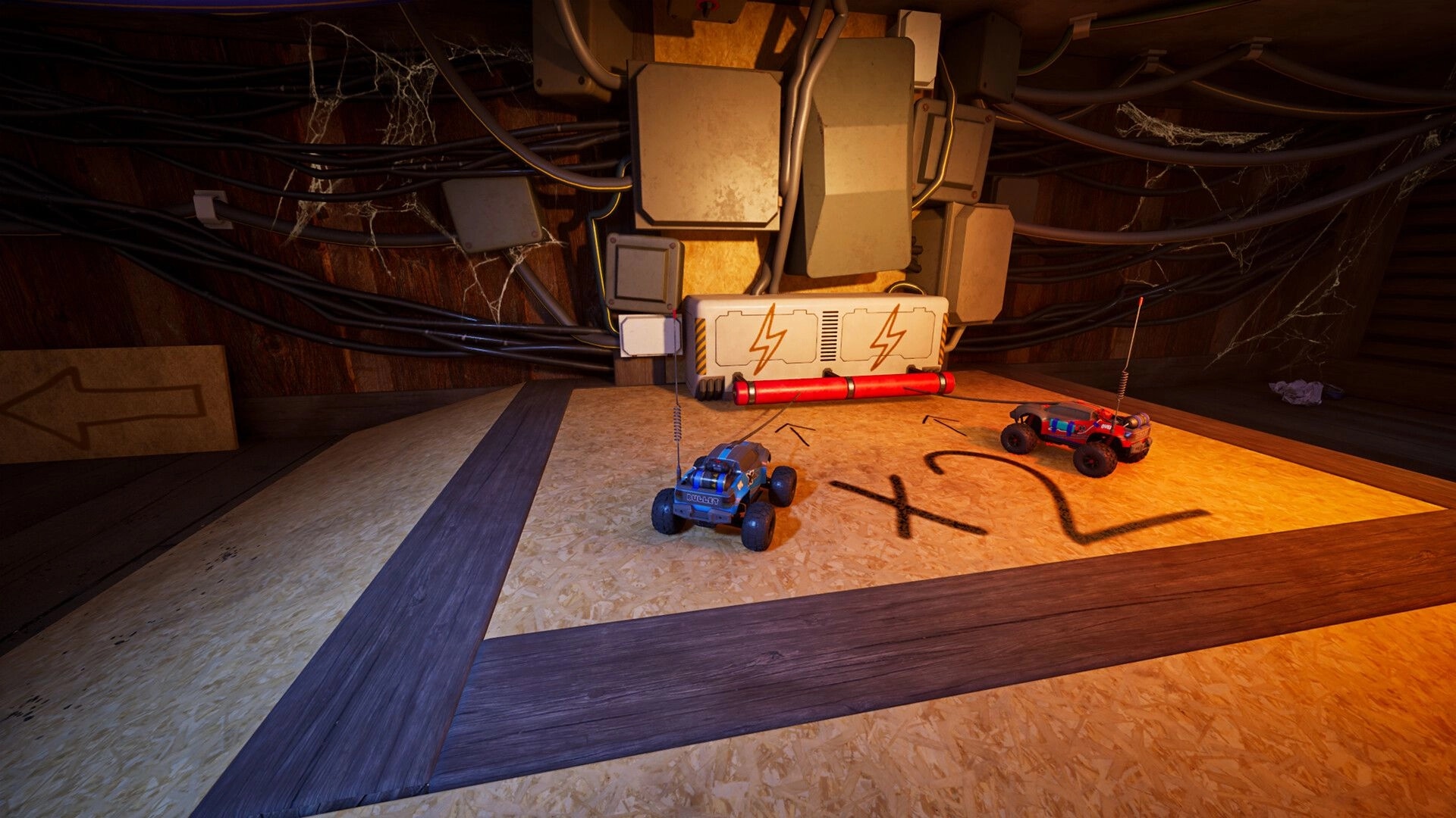 WheelMates: Two RC cars navigate underfloor wiring maze with power-up symbols and arrows visible
